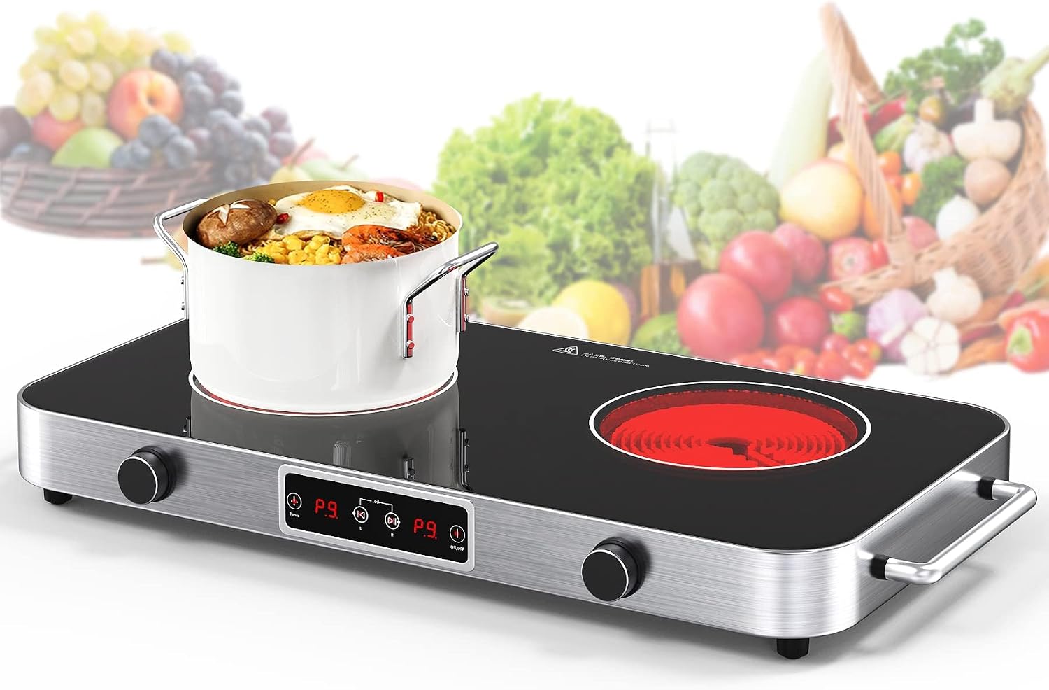 VBGK Cooktop,110V 2200W Stove with Knob Control,9 Power Levels, Kids Lock & Timer,LED touch control,Overheat Protection Stove Top,12 Inch desktop 2 burner cooktop