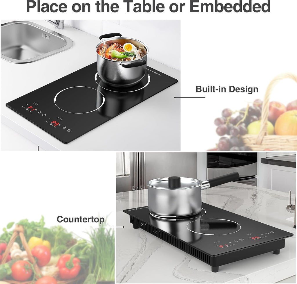 GIHETKUT Double Induction Cooktop,110V 2 Burner Induction Cooktop,2300W Electric Stove Top with Independent Control, Ultrathin Body, 9 Temperature, Multiple Power Levels, 2 Hour Timer, Safety Lock