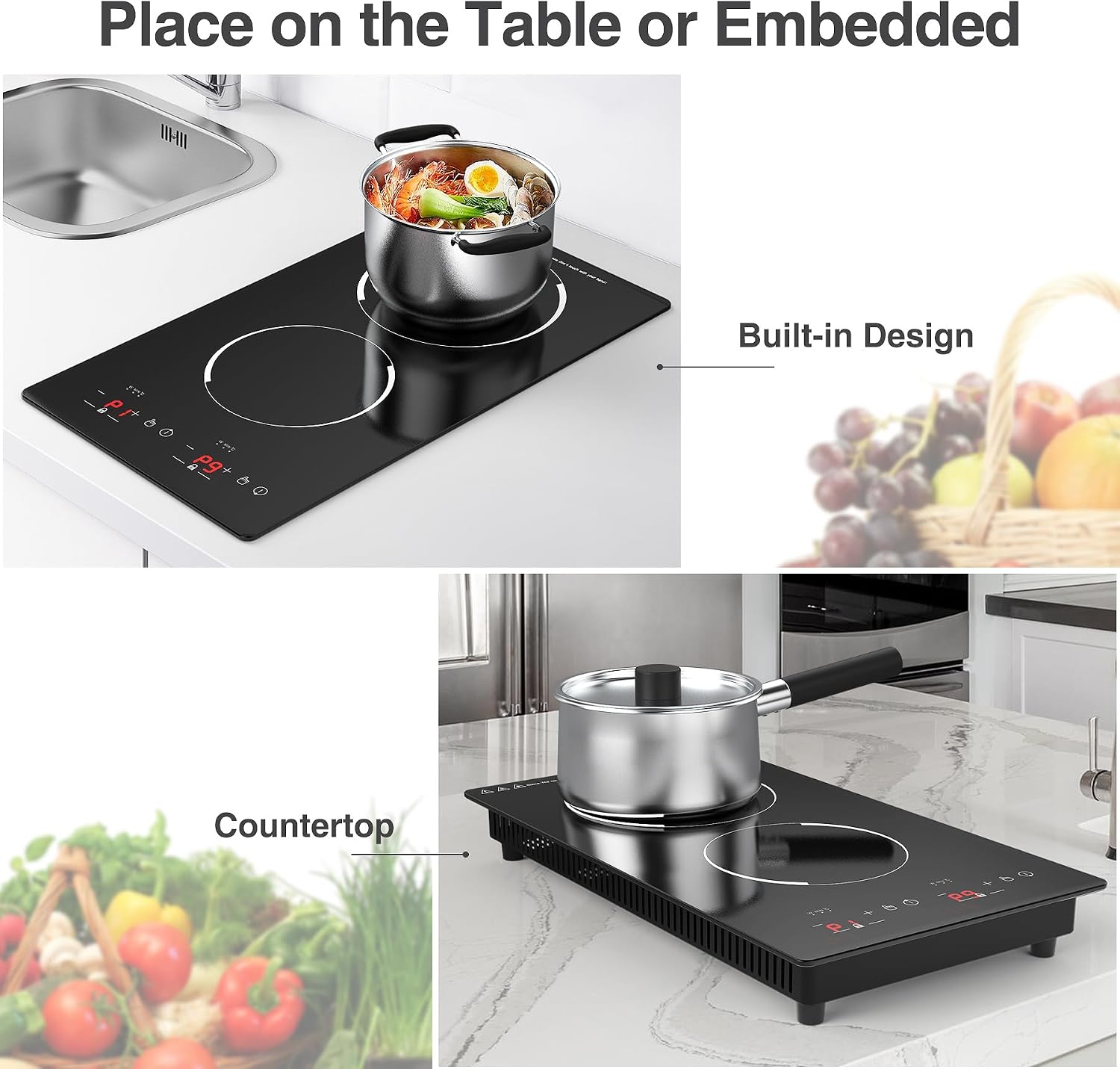 GIHETKUT Double Induction Cooktop,110V 2 Burner Induction Cooktop,2300W Electric Stove Top with Independent Control, Ultrathin Body, 9 Temperature, Multiple Power Levels, 2 Hour Timer, Safety Lock