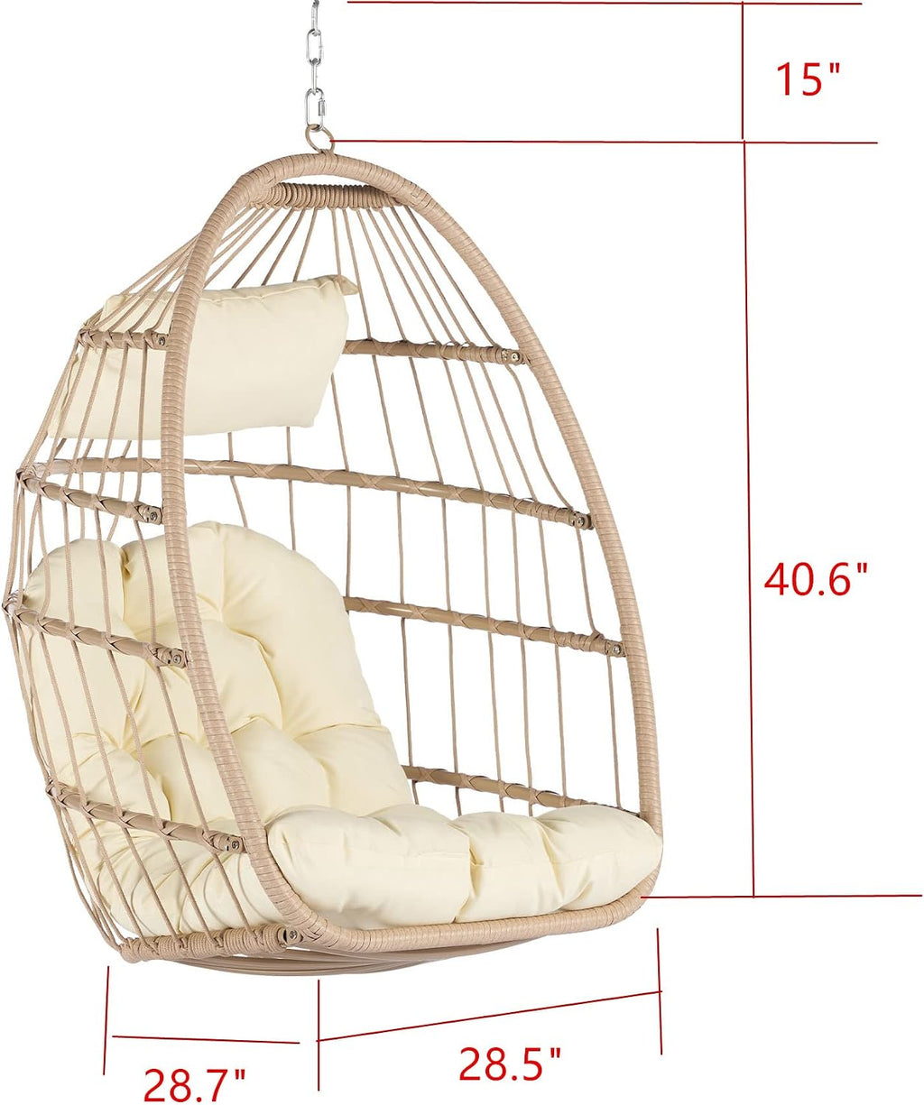 KEIKI Hanging Egg Chair, Outdoor Patio Swing Basket Egg Chair with Cushion, 360LBS Load Rattan Wicker Hammock Chair for Balcony, Garden, Living Room, Natural+Khaki