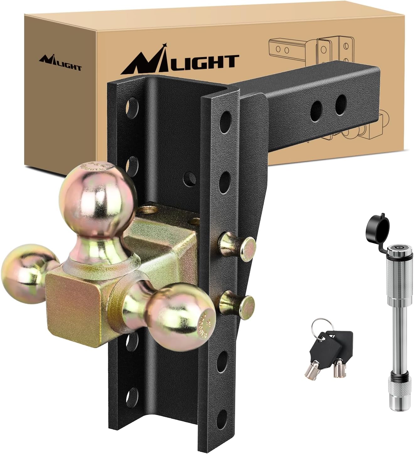 Nilight Adjustable Tri-Ball Trailer Hitch Mount 8 Inch Drop/Rise Hitch 1-7/8' 2' 2-5/16' Fits 2-Inch Receiver 15000lbs GTW for Heavy Duty Truck with Anti-Theft Pin