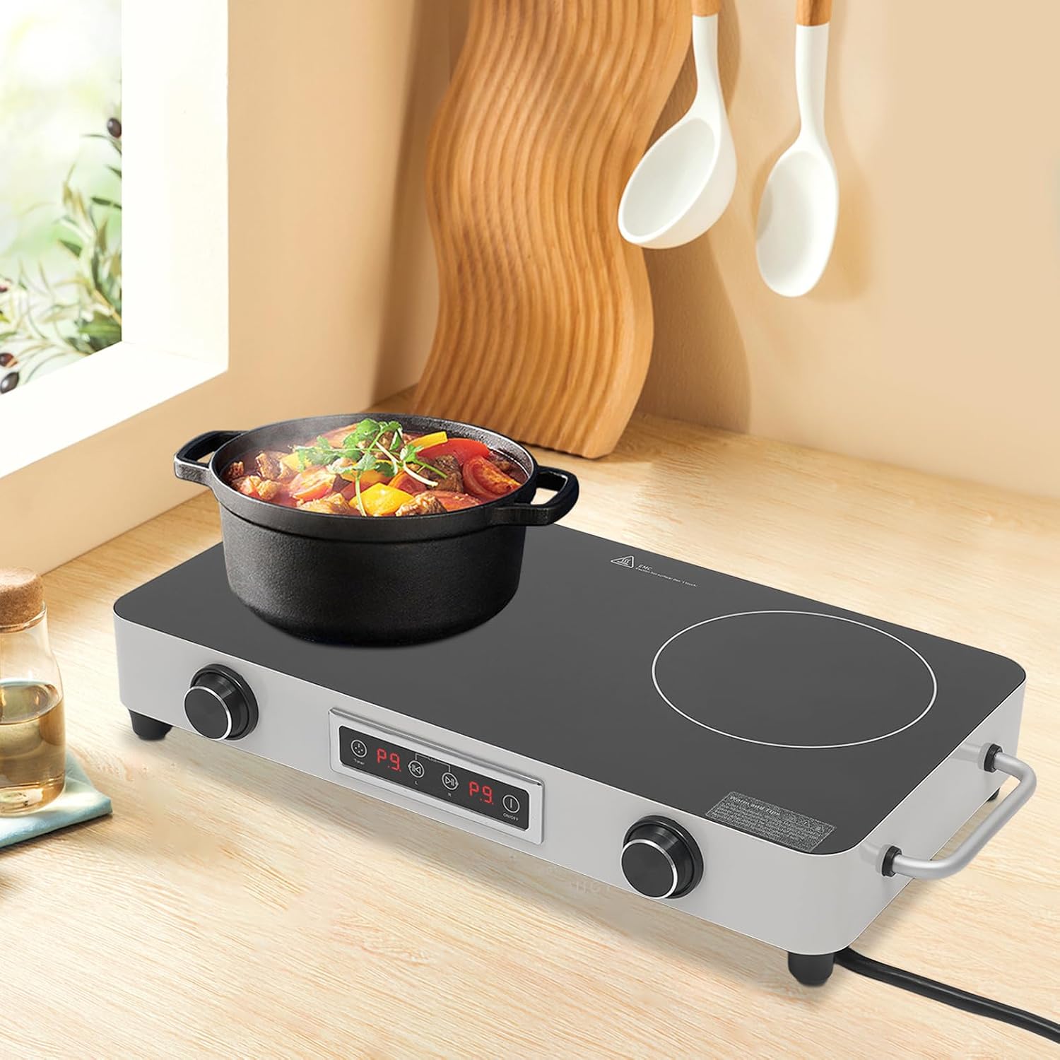 Double-Burner Electric Cooktop, Portable Double Induction Cook-top, 1100w Countertop Double Burner Ceramic Cooktop with 99min Timing Function, Child-Lock, Overheat Protection (Silver)