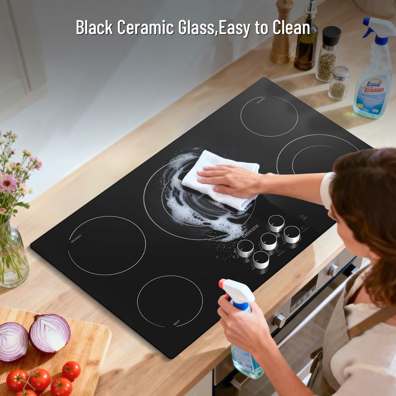 Electric Cooktop 36 Inch 240V,Built-in Electric Stove Top 5 Burners,Knob & Touch Control,9 Power Levels, 500W Warmer,Multiple Safety Protection,Dual-ring Burner,9000W,Hard Wire