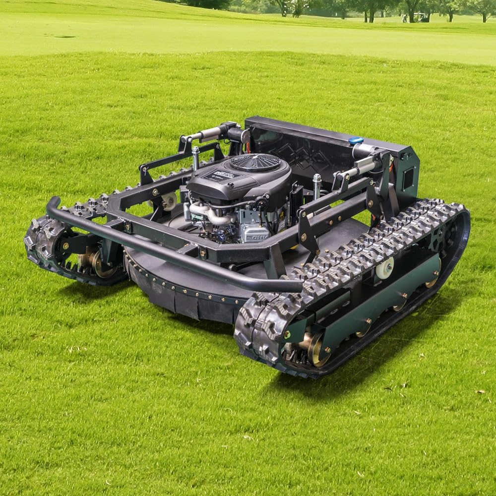 Remote-Controlled Tracked Robotic Lawnmower, Equipped with a 27hp High-Power Twin-Cylinder Engine and 48V Brushless Motor, All-Terrain Lawnmower, Climbing 65° Slope, Mowing Width 35.43 Inches