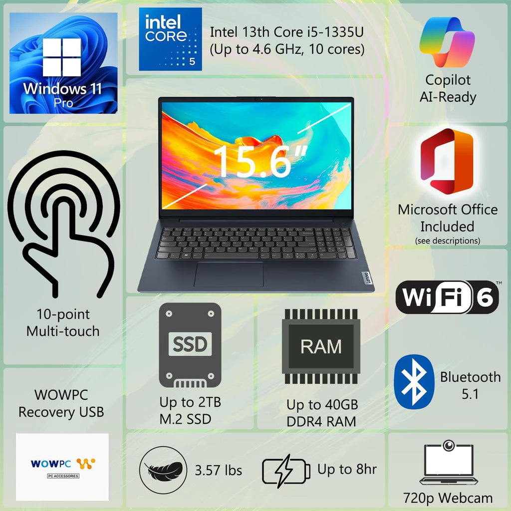Lenovo IdeaPad Business Laptop, 15.6' FHD Touchscreen Display, Intel 13th 10-Core i5 CPU (Up to 4.6 GHz), 16GB RAM, 1TB SSD, Copilot AI Ready, Wi-Fi 6, Windows 11 Pro with Microsoft Office, WOWPC USB