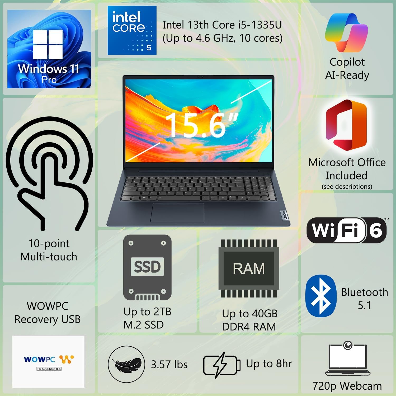 Lenovo IdeaPad Business Laptop, 15.6' FHD Touchscreen Display, Intel 13th 10-Core i5 CPU (Up to 4.6 GHz), 16GB RAM, 1TB SSD, Copilot AI Ready, Wi-Fi 6, Windows 11 Pro with Microsoft Office, WOWPC USB