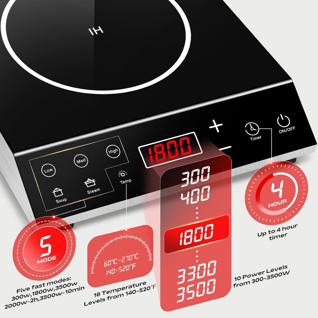 Commercial Induction Cooktop, 3500W 220V Electric Countertop Burner with Large heating area, 5 Quick-Temp Modes, Timer & LED Display, Portable Induction Hot Plate for Restaurant Kitchen Hotel Catering