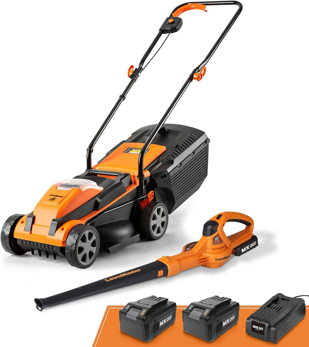 LawnMaster 24VMWBL 24V Max 13-inch Cordless Lawn Mower and Cordless Leaf Blower Combo with 2x4.0Ah Batteries and Charger