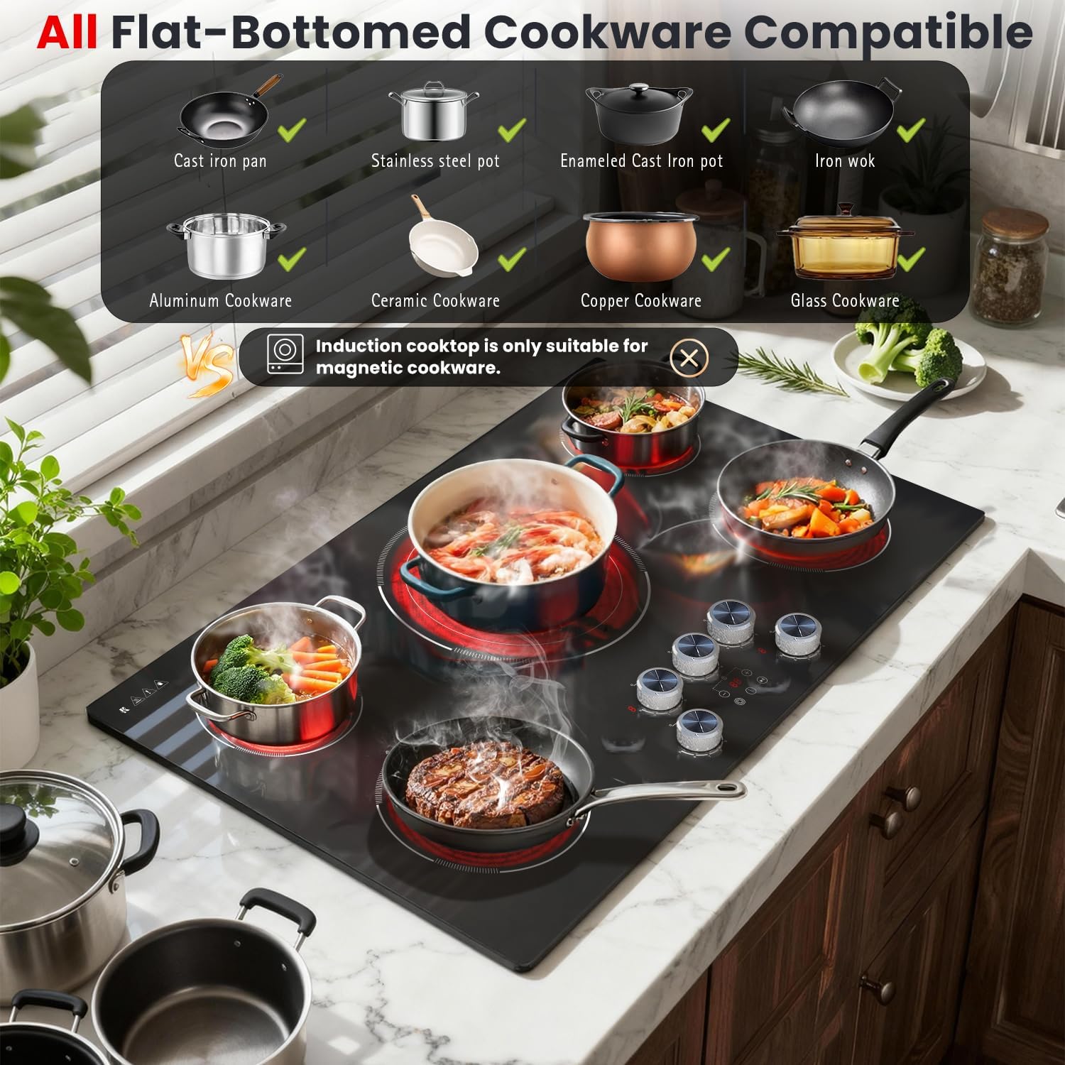 Electric Cooktop 36 Inch Karienvir, 5 Burner 9200W Electric Stove Top with Dual-Ring & Triple-Ring Burners, 220V-240V Hardwired Cooktop, 36' Cook top With Knob Control 9 Level Power, Timer, Lock
