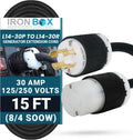 IronBox Electric - Heavy-Duty NEMA L14-30 Generator Extension Cord - L14-30P Plug to L14-30R Connector - Rated for 30 Amps 125/250V 8/4 SOOW 4 Prong Generator Cord - Power Cable for Generators(15 ft)