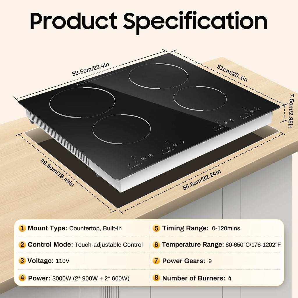 3000W 110V Cooktop Portable 4 Burners Electric Built-in Cooktop Sensor Touch Control Countertop Electric Hot Plate with Kid Safety Lock and 2H Timer, 9 Heating Level, no plug