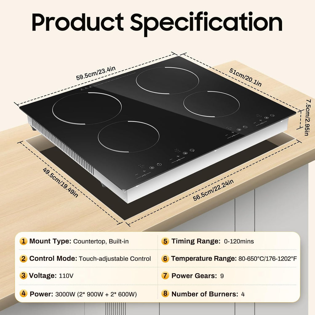 4 Burner Electric Cooktop 110v, 23 Inch Portable Stove Cooktop with LED Display, Child Safety Lock and Timer, 3000W 9 Power Level Electric Ceramic Built-in Stove Top, Hard Wire (No Plug)