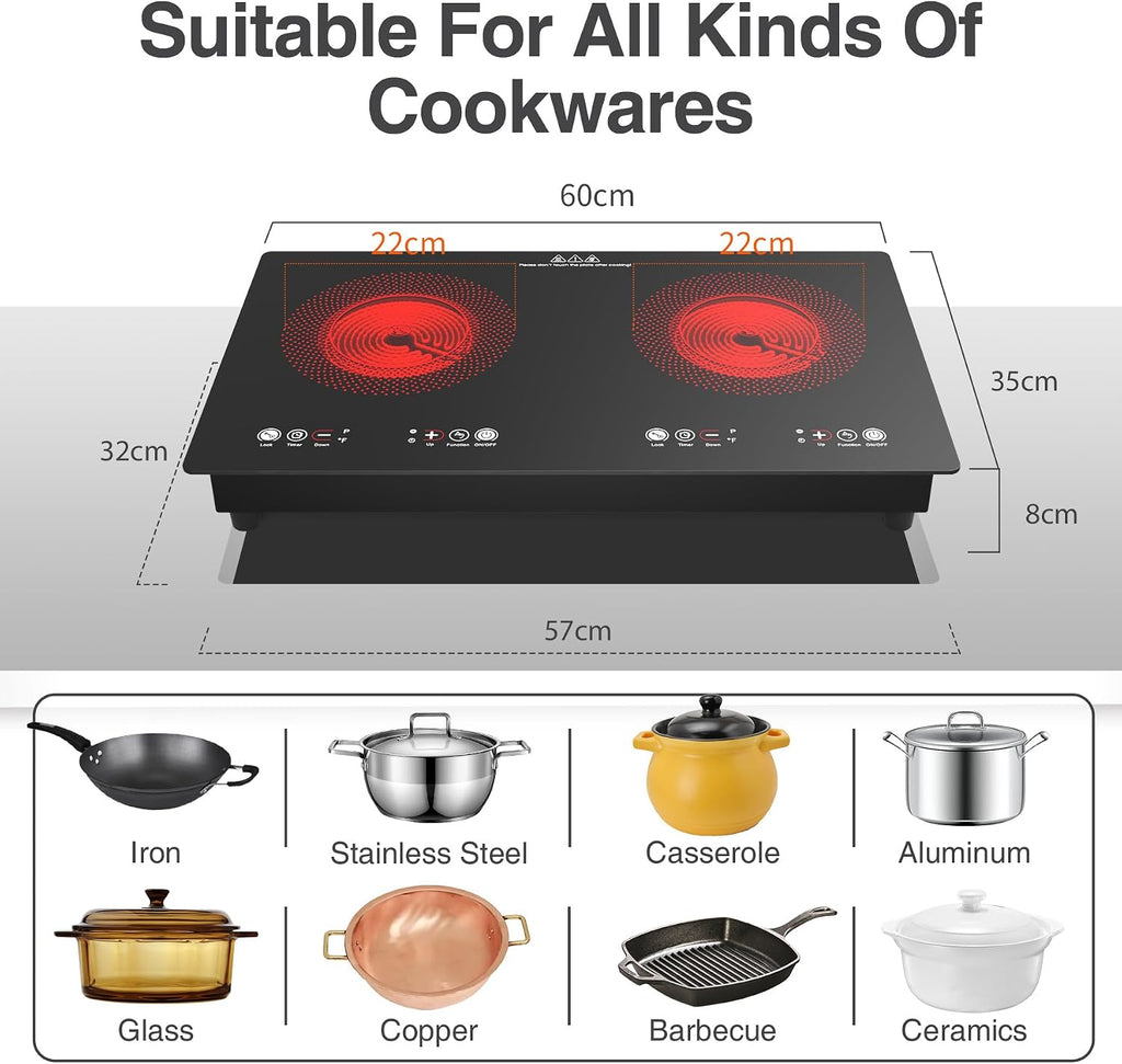 VBGK Electric cooktop,110V 24 inch 2 Burner Electric Cooktop,Built-in and Countertop Stove Top,2200W Stove,9 Power Levels, Kids Lock & Timer,LED touch control,Overheat Protection