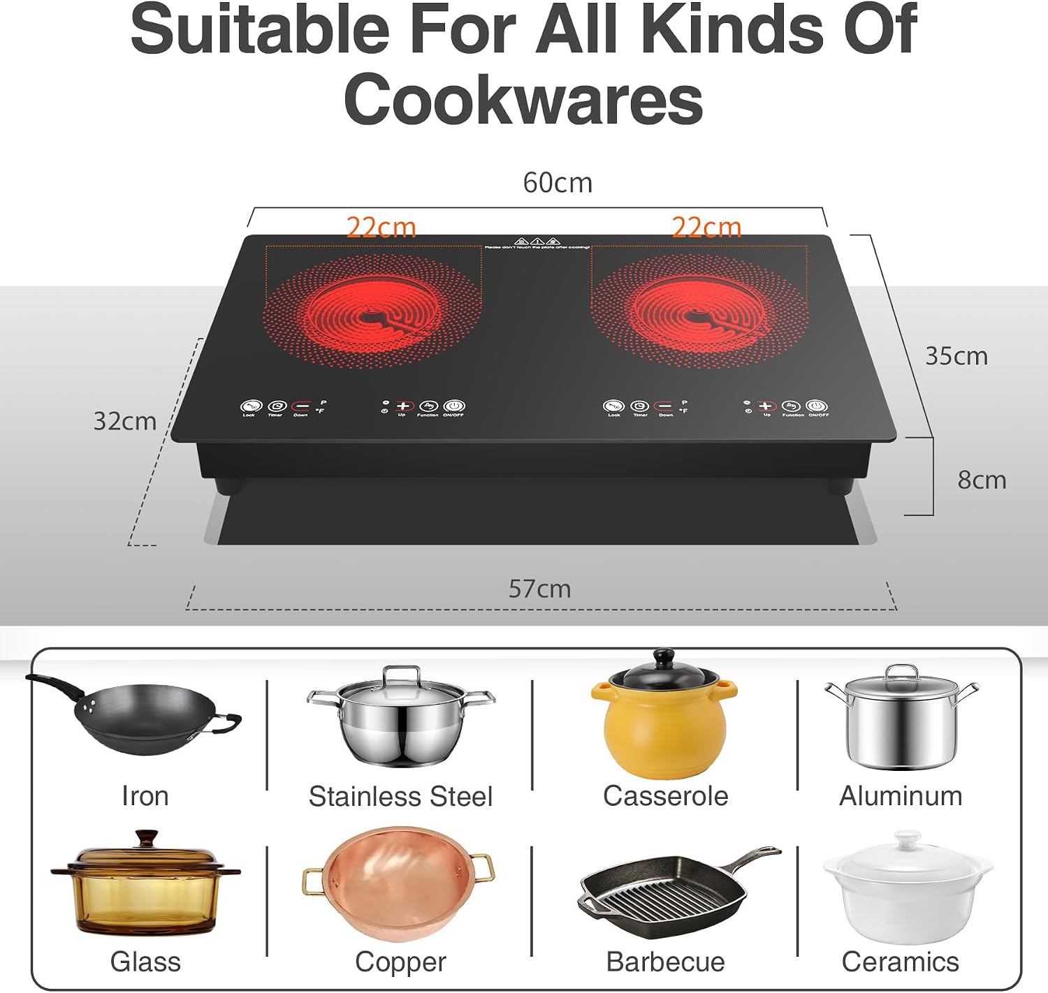VBGK Electric cooktop,110V 24 inch 2 Burner Electric Cooktop,Built-in and Countertop Stove Top,2200W Stove,9 Power Levels, Kids Lock & Timer,LED touch control,Overheat Protection