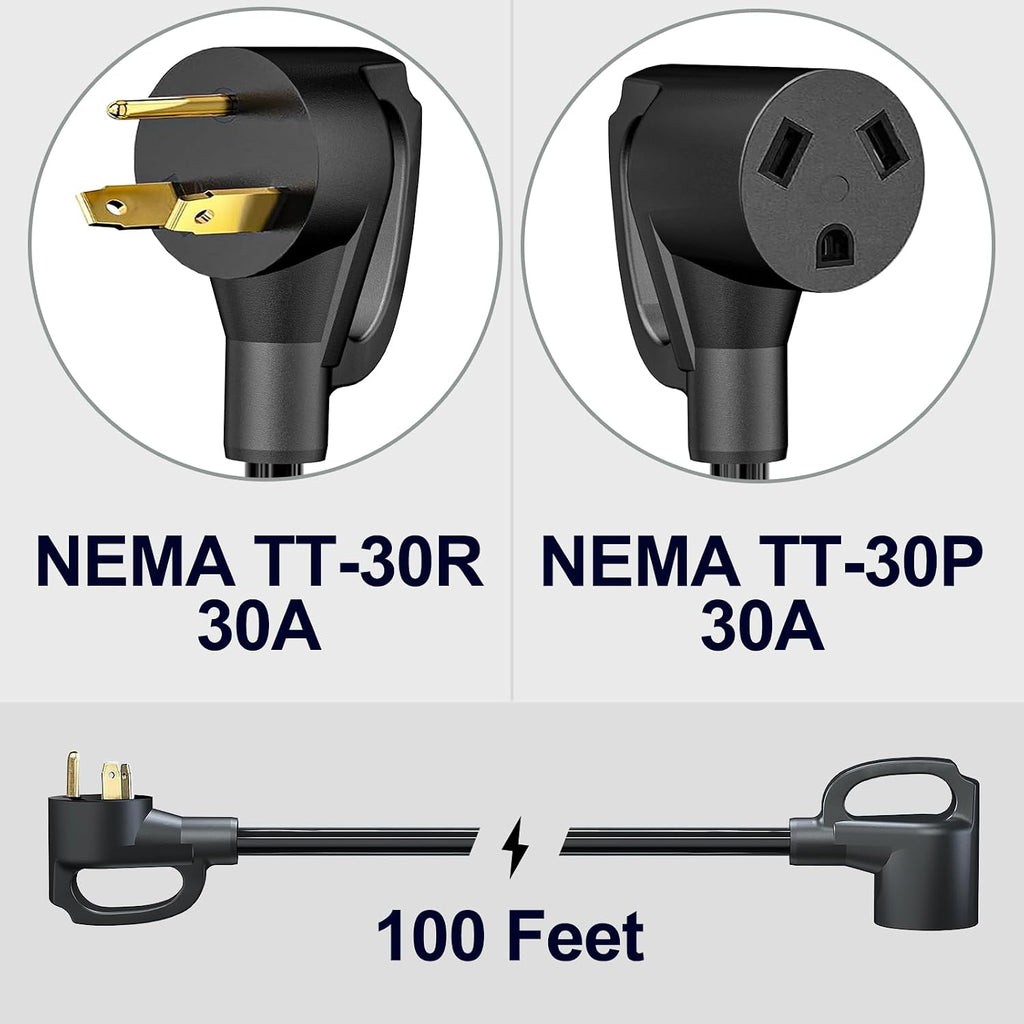 STRIGHT 100FT RV Extension Cord 30 Amp, RV Power Extension Cord NEMA TT-30P Male to TT-30R Female Heavy Duty 10 Gauge STW 3-Wire for RV Trailer Campers 125V, 3750W, ETL Listed (100FT 30AMP)
