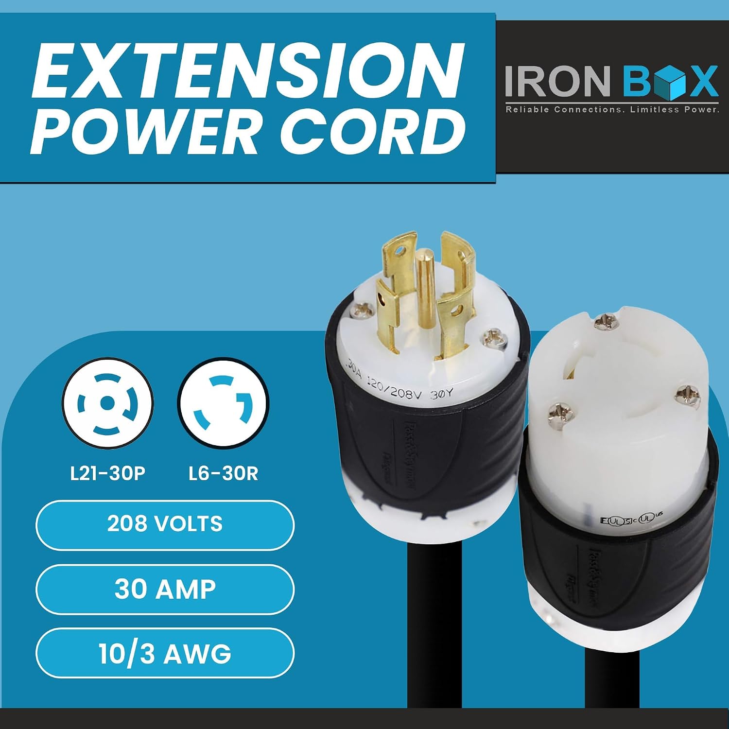 IronBox Electric - Heavy-Duty L21-30P to L6-30R Connector Plug Adapter - 10/3 AWG - 30 Amps & 208V Rated - Reliable Power Solution for Generators, Transfer Switches, and Industrial Equipment(20 foot)
