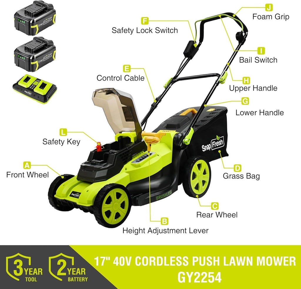 SnapFresh 40V 17' Brushless Lawn Mower – 2 x 5.0Ah Batteries Electric Cordless Push Mower with Fast Charger, 6-Level Height Adjustment, 45L Grass Bag, Lightweight Battery Powered Mower
