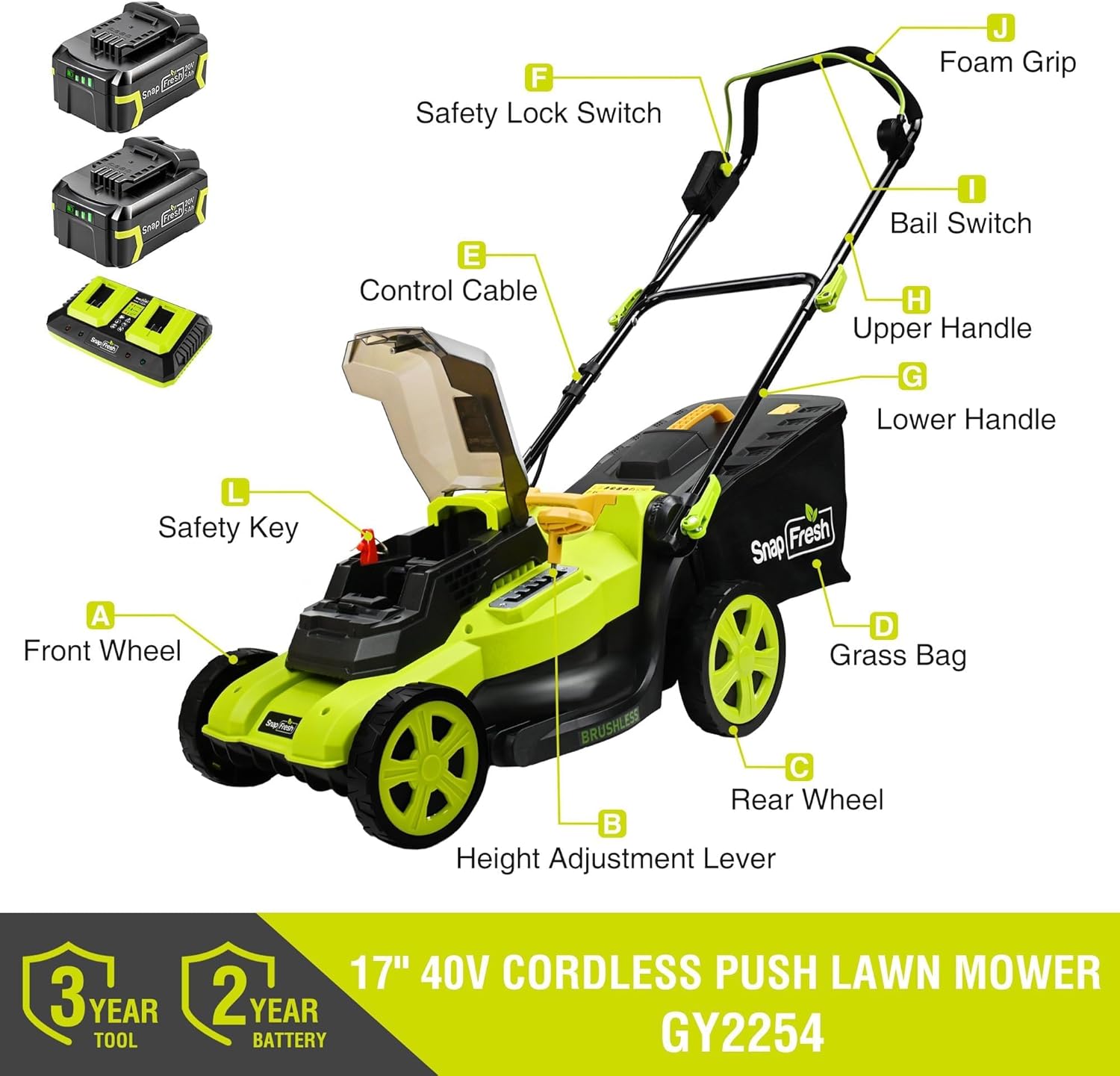 SnapFresh 40V 17' Brushless Lawn Mower – 2 x 5.0Ah Batteries Electric Cordless Push Mower with Fast Charger, 6-Level Height Adjustment, 45L Grass Bag, Lightweight Battery Powered Mower