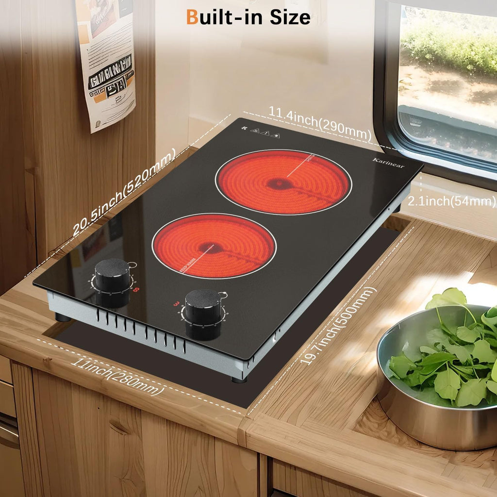 Karinear 110V Electric Cooktop 2 Burners Electric Stove 12 Inch Knob Control Countertop & Built-in Ceramic Cooktop, 9 Heating Level, Hot Warning, Over-Temperature Protection(Black Knob)