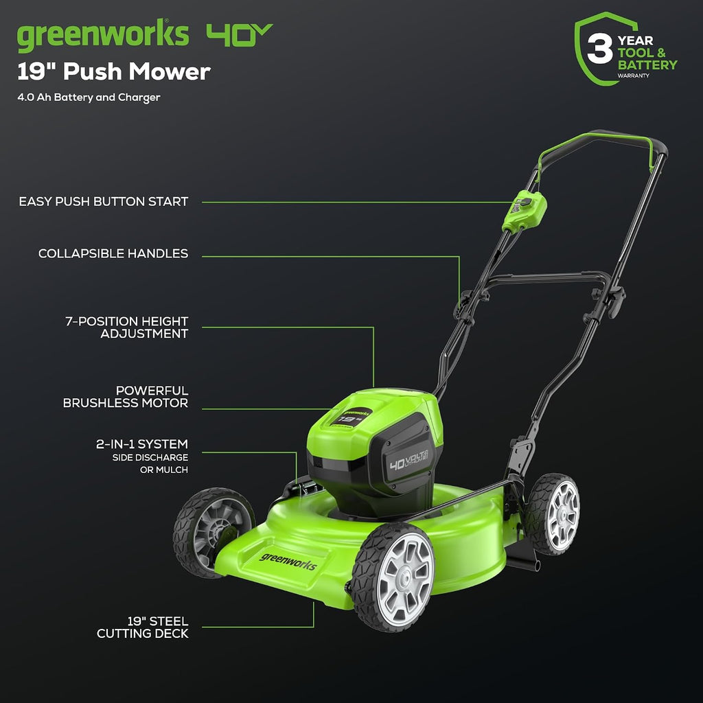 Greenworks 40V 19' Brushless (Push) Cordless Lawn Mower, 4.0Ah Battery and Charger