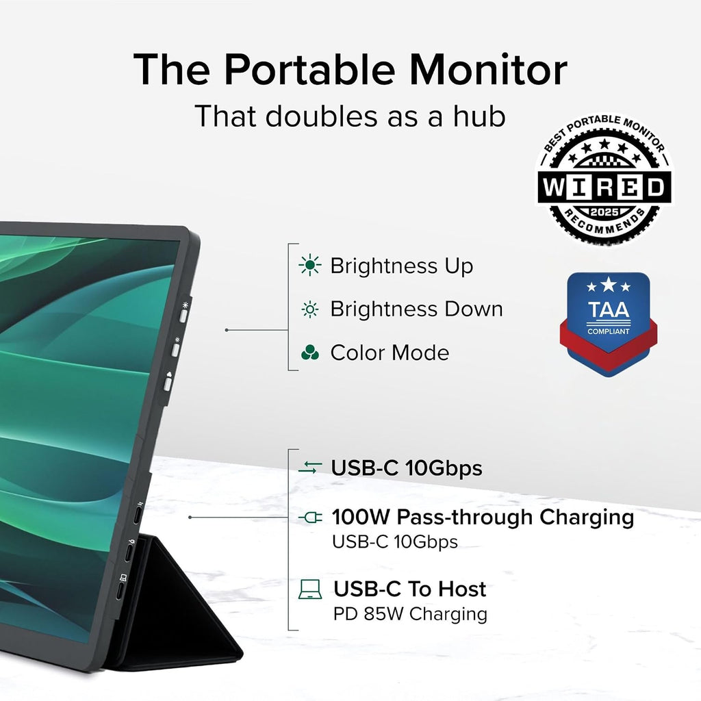 Plugable 15.6' USB-C Portable Monitor with 100W Pass-Through Charging | 2X USB-C 10Gbps Hub | FHD 1920x1080 IPS Display for Mac, Windows, iPad, Smartphone | 1.85lbs, Travel Cover/Stand Included