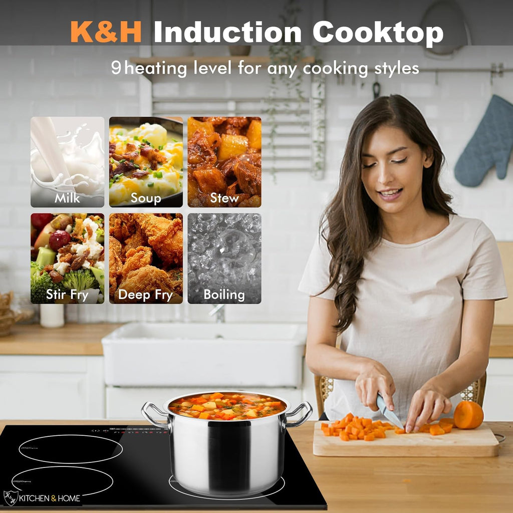 K&H 4 Burner Induction Cooktop - 24 Inch Built-In Electric Cermic Stove Top - 17 Heating Levels, 240V, 6000W High-Power Built-in Electric Stove Top - Child Lock, Timer & Touch Control - IN24-6004