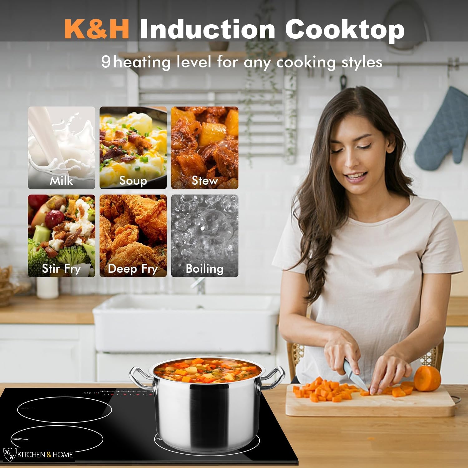 K&H 4 Burner Induction Cooktop - 24 Inch Built-In Electric Cermic Stove Top - 17 Heating Levels, 240V, 6000W High-Power Built-in Electric Stove Top - Child Lock, Timer & Touch Control - IN24-6004