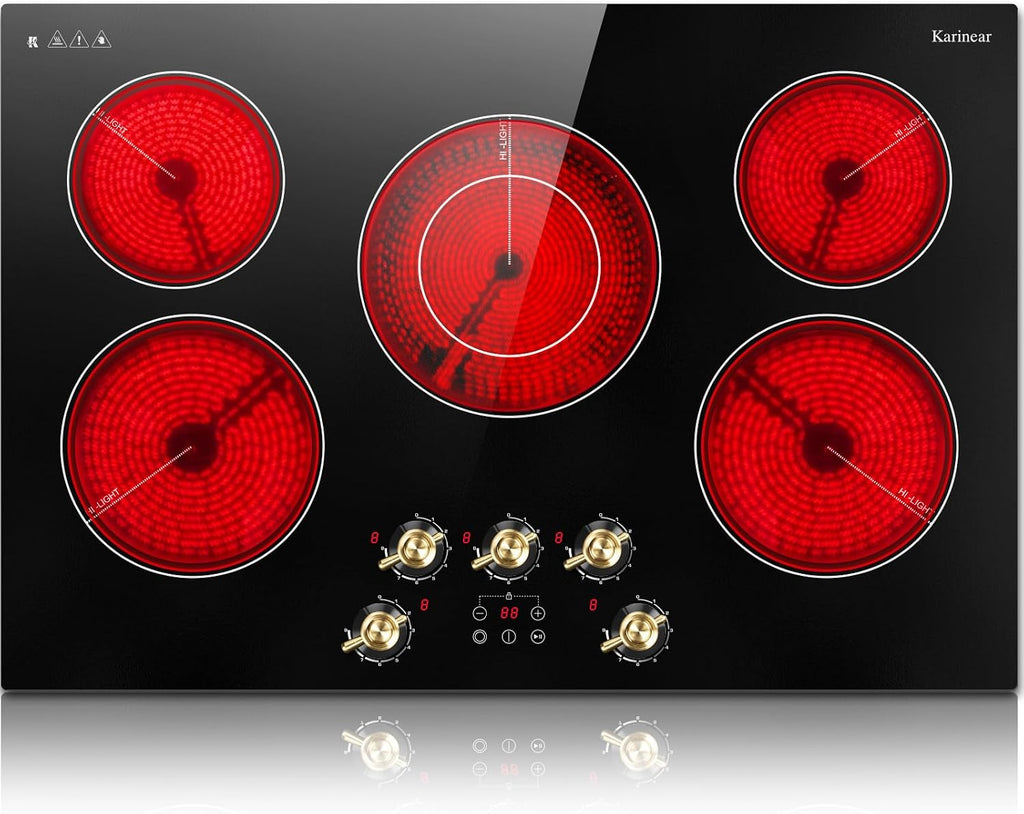 Karinear Electric Cooktop 30 Inch, 5 Burner Radiant Cooktop with Knob & Touch Control, 8500W 240V Built-in Stove Top, 9 Power Levels, Timer, Child Lock, Pause, Residual Heat Indicator(Gold Knob)