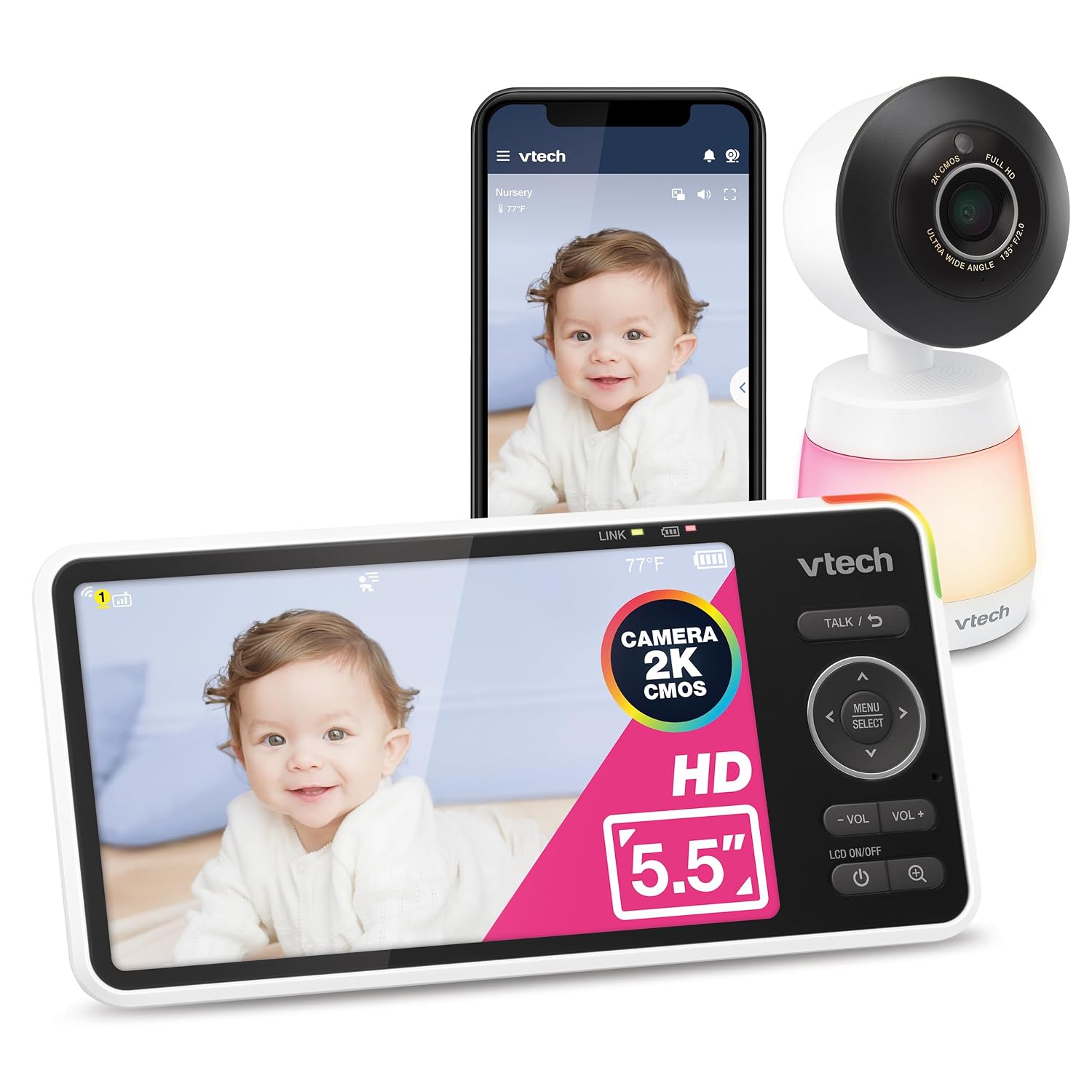 VTech Smart HD Plus WiFi Baby Monitor – 2K Camera, 5.5' HD IPS Screen, 24X Pan Tilt Zoom, Multi-Color Night Light, Free App