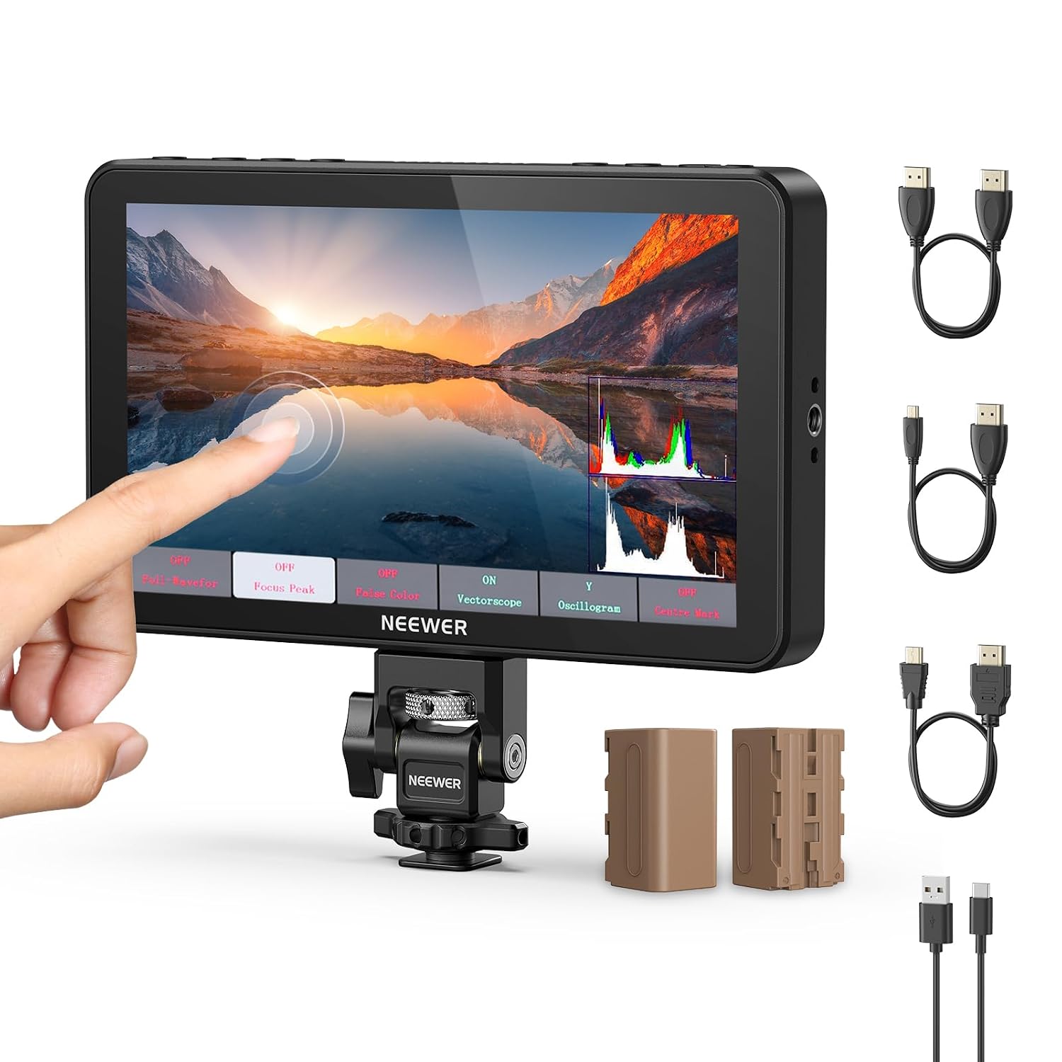 NEEWER F700 7' Camera Field Monitor, 2000nit HD 1920x1080 IPS Touch Screen 3D LUT, 4K HDMI Loop in/Out Peak Focus DSLR Video Assist HDR Waveform, Cold Shoe Mount, 2 NP-F750 Batteries, Cleaning Cloth