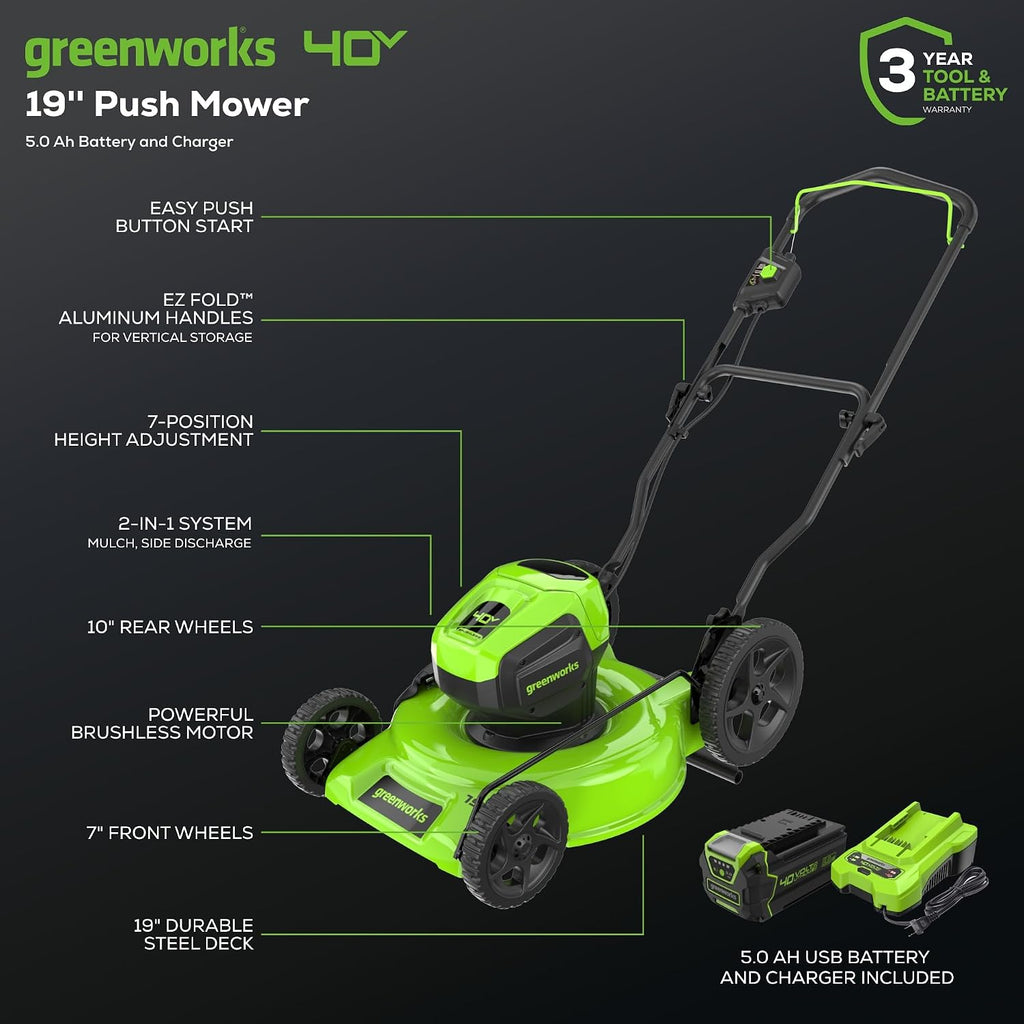 Greenworks 40V 19' Brushless Lawn Mower (High Wheel), 5.0Ah Battery
