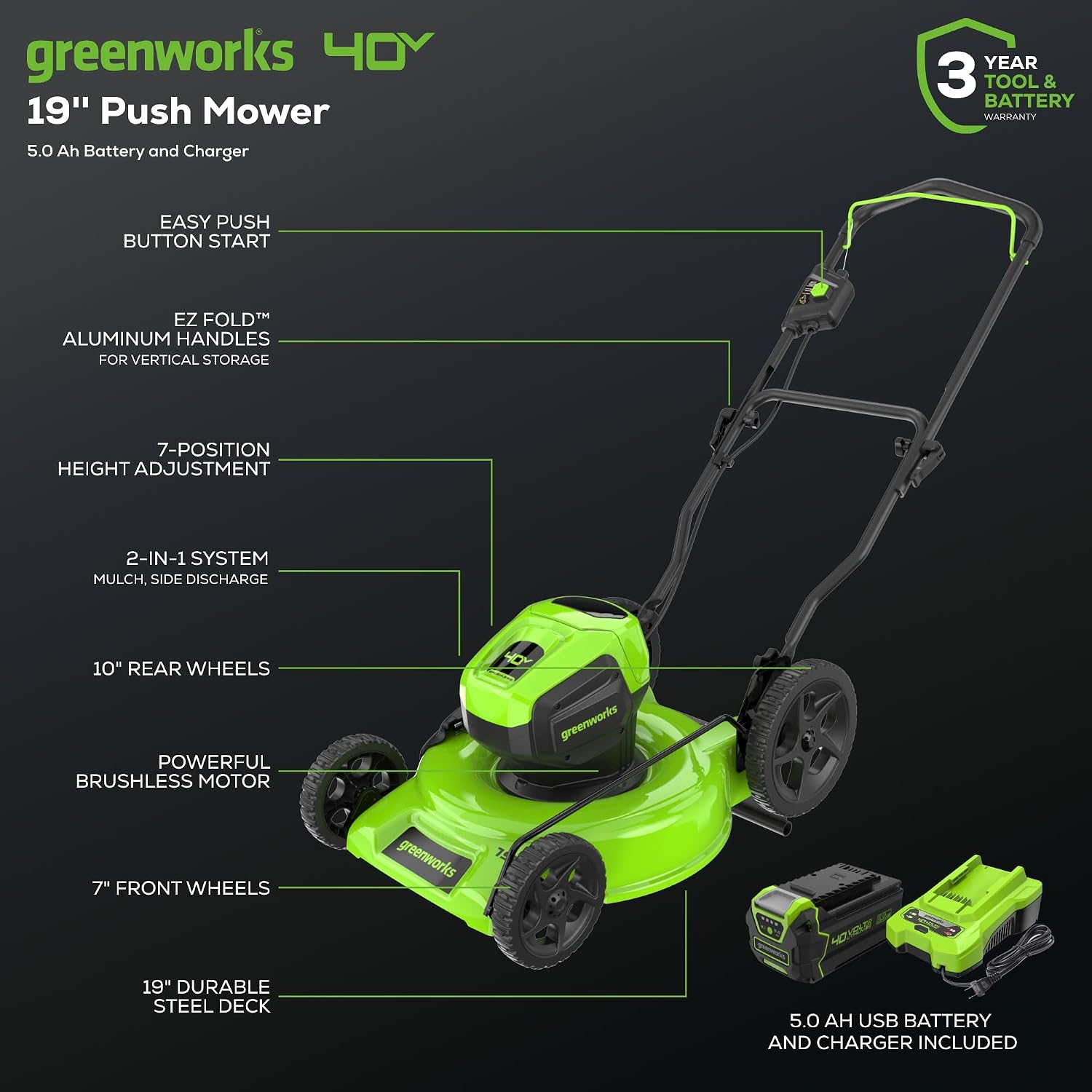 Greenworks 40V 19' Brushless Lawn Mower (High Wheel), 5.0Ah Battery