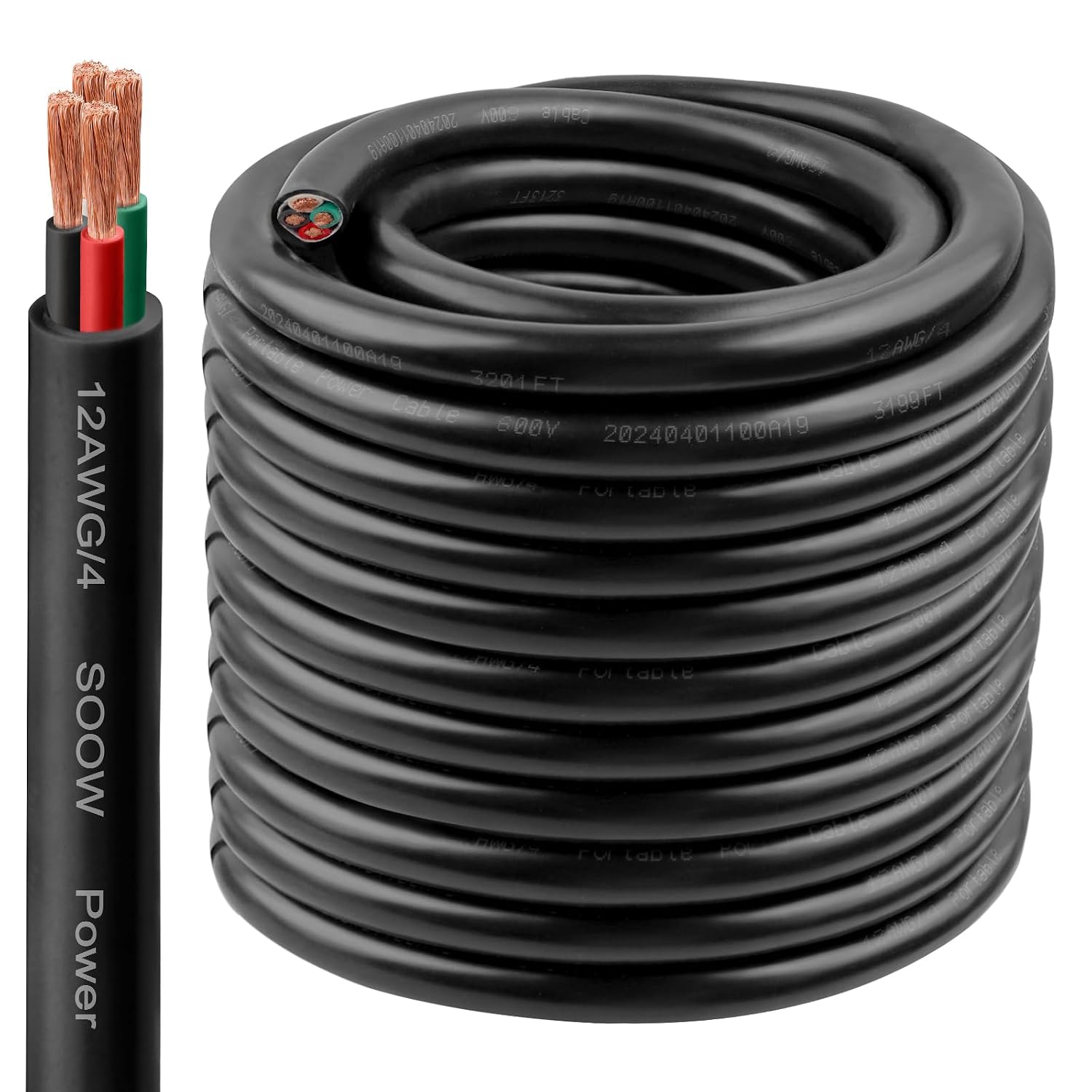 12/4 SOOW Wire 100FT, 12 AWG 600V SOOW Bulk Cable, 12 Gauge 4 Conductor Portable Power Cable, Extension Cord for Welder,Generator,Portable Light,Circuits,EV Car Charger,Motor Lead
