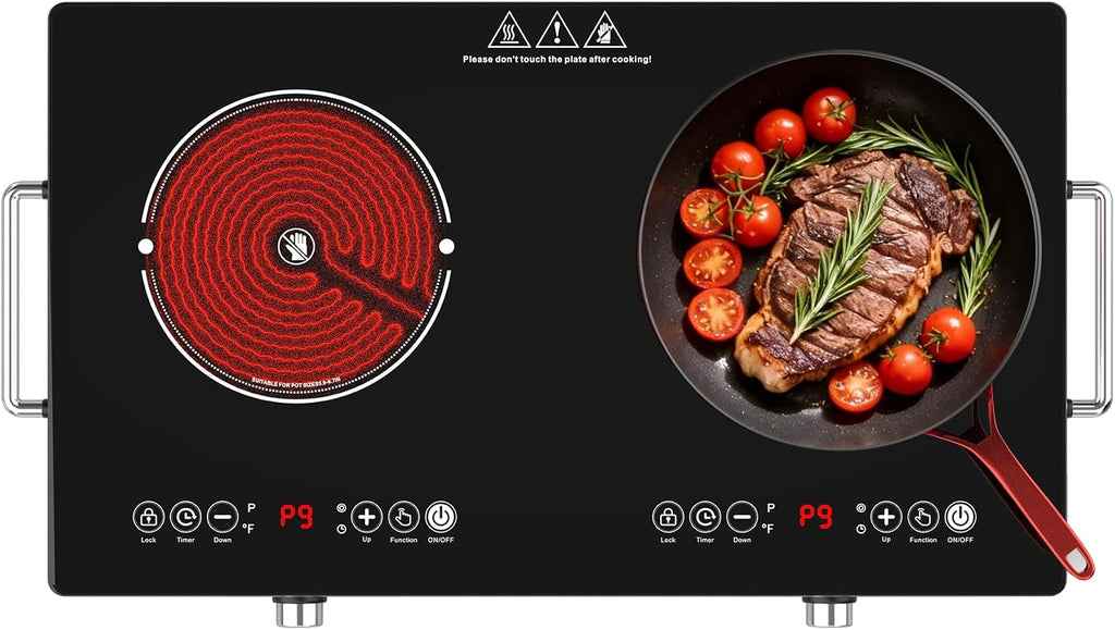 4000w Electric Cooktop 2 Burners, 23'' Electric Stove Top 110v with Plug in, GTKZW Knob Control Countertop & Built-in Ceramic Cooktop, 9 Power Levels, Child Lock, Timer, Over-Heat Protection
