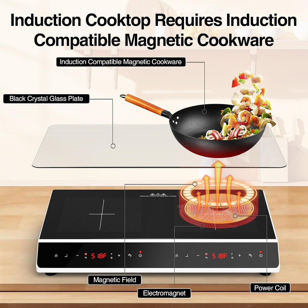 GIHETKUT Double Induction Cooktop, 4000W 2 burner Induction cooktop with LED Touch Screen 10 Levels Settings with Child Safety Lock & Timer 110V Electric burner with hot plate