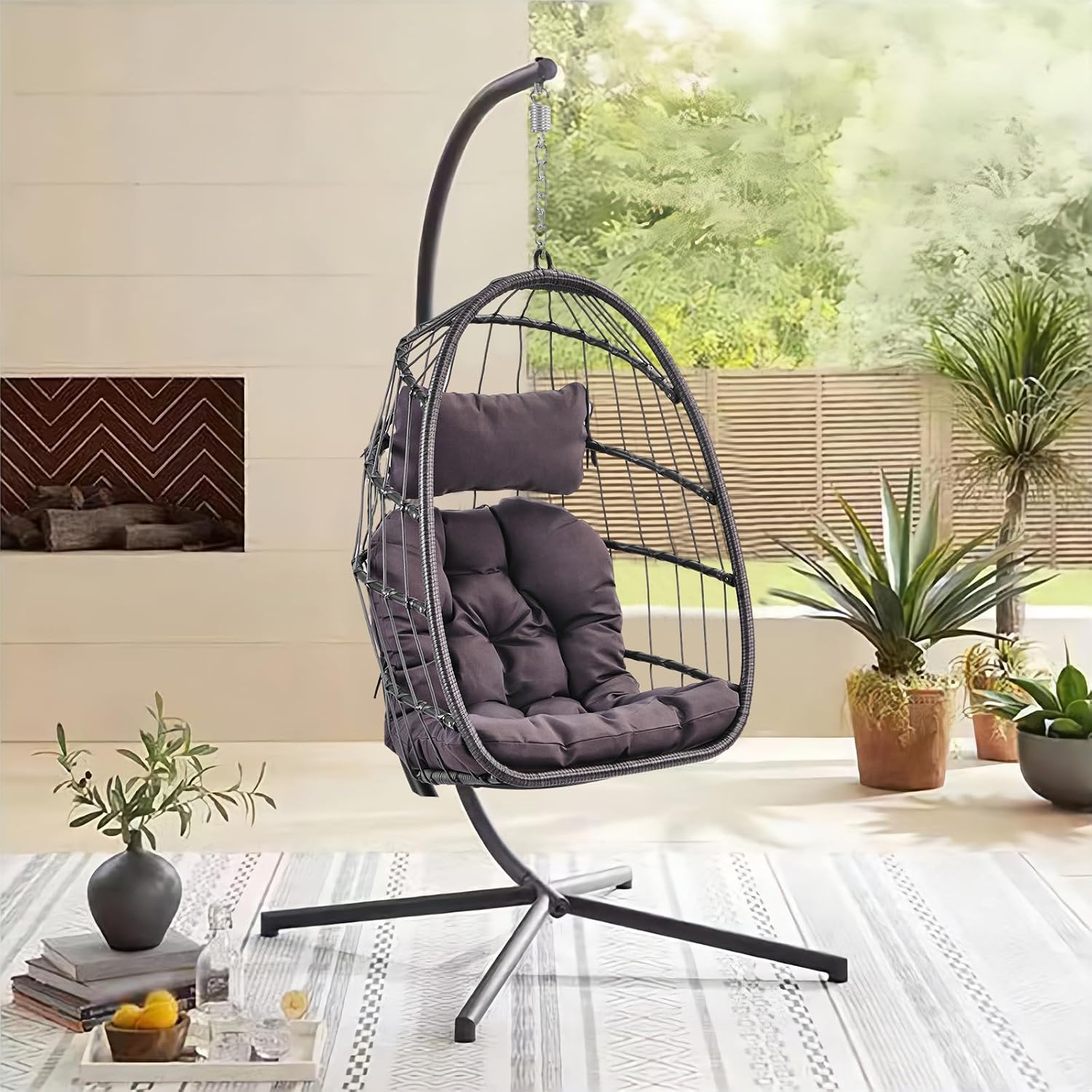 Indoor Outdoor Patio Wicker Hanging Chair Swing Chair Patio Egg Chair UV Resistant Cushion Aluminum Frame (Grey)