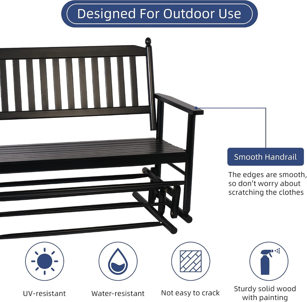 LUCKYERMORE Patio Glider Bench for Outside, Porch Swing Chair Outdoor Rocking Bench, 400 LBS Capacity, Wooden 2-Person Glider for Backyard, Poolside, Garden, Black