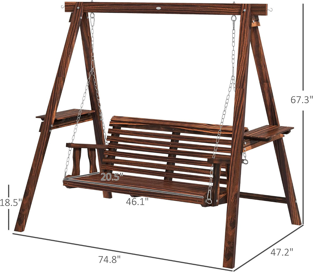 Outsunny 2-Seat orch Swing with Stand, Wooden Patio Swing Chair with Side Tables and Metal Chains, Outdoor Hanging Bench for Garden, Poolside, Backyard, Carbonized