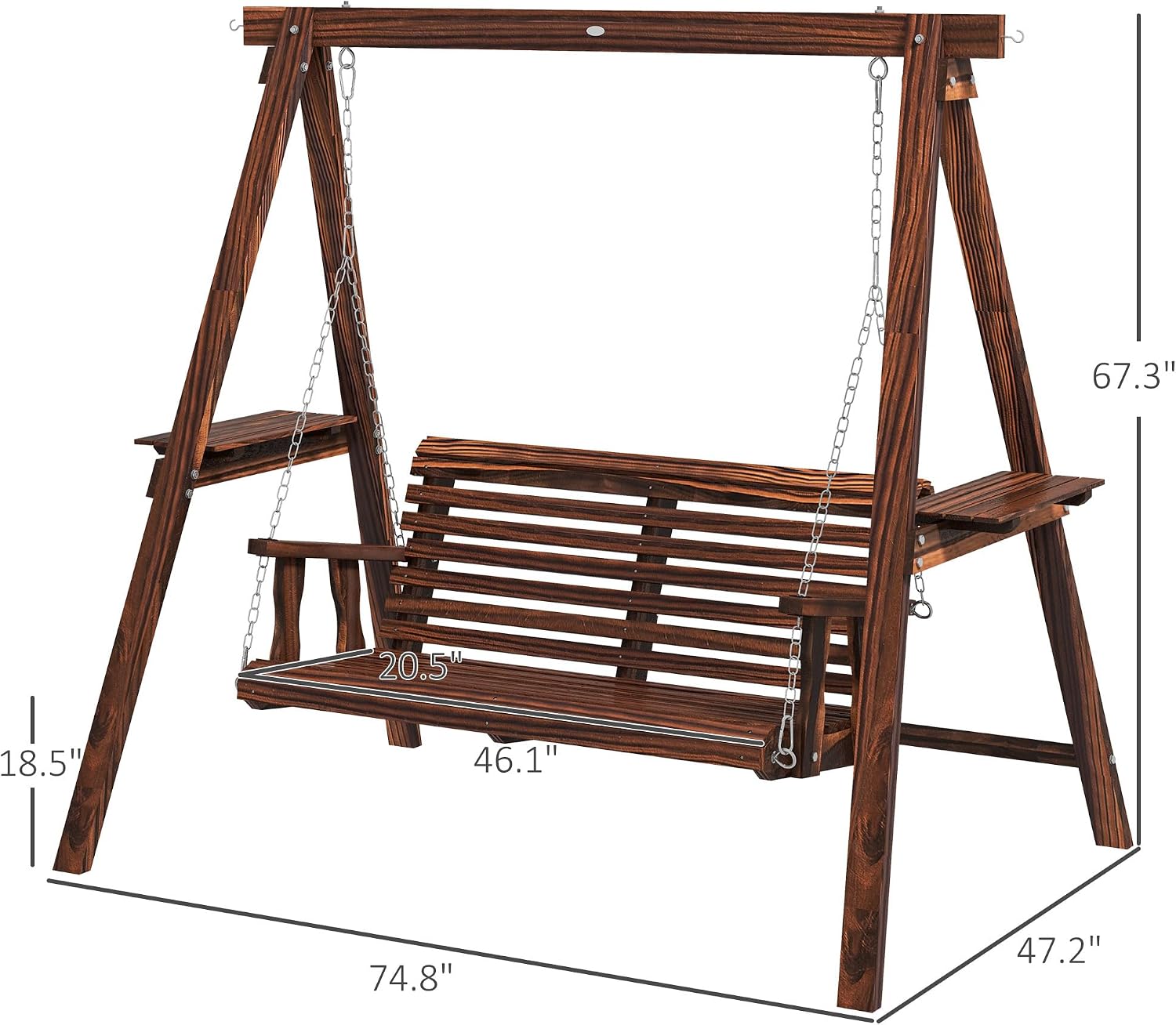 Outsunny 2-Seat orch Swing with Stand, Wooden Patio Swing Chair with Side Tables and Metal Chains, Outdoor Hanging Bench for Garden, Poolside, Backyard, Carbonized