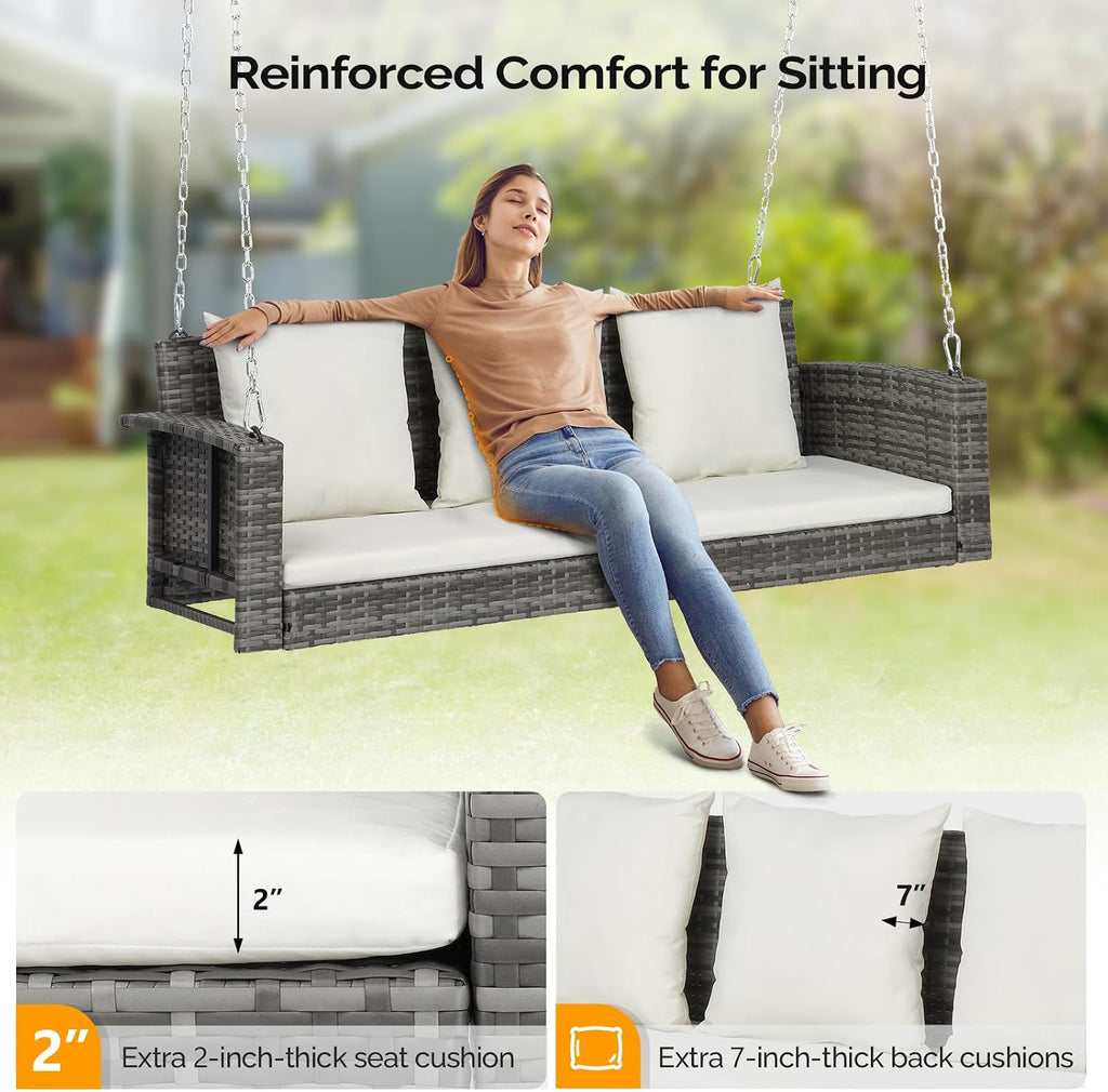 VINGLI Rattan Porch Swing, Heavy Duty 800 LBS Outdoor Hanging Seat with Extra Cushion and Adjustable Chain, the Porch Swing Seat Made by Wicker Suits for Garden, Yard, Lawn (Grey, 5 FT)