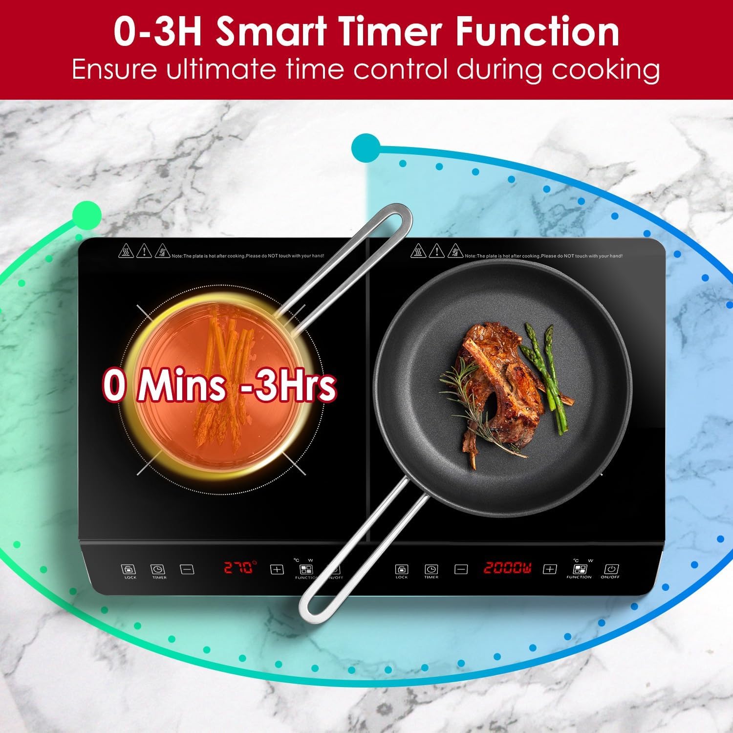Double Induction Cooktop, 4000W Portable Induction Cooker with 2 Burner Independent Control, Electric Stove with 9 Level Temperature Control, 3 Hour Timer, Safety Lock