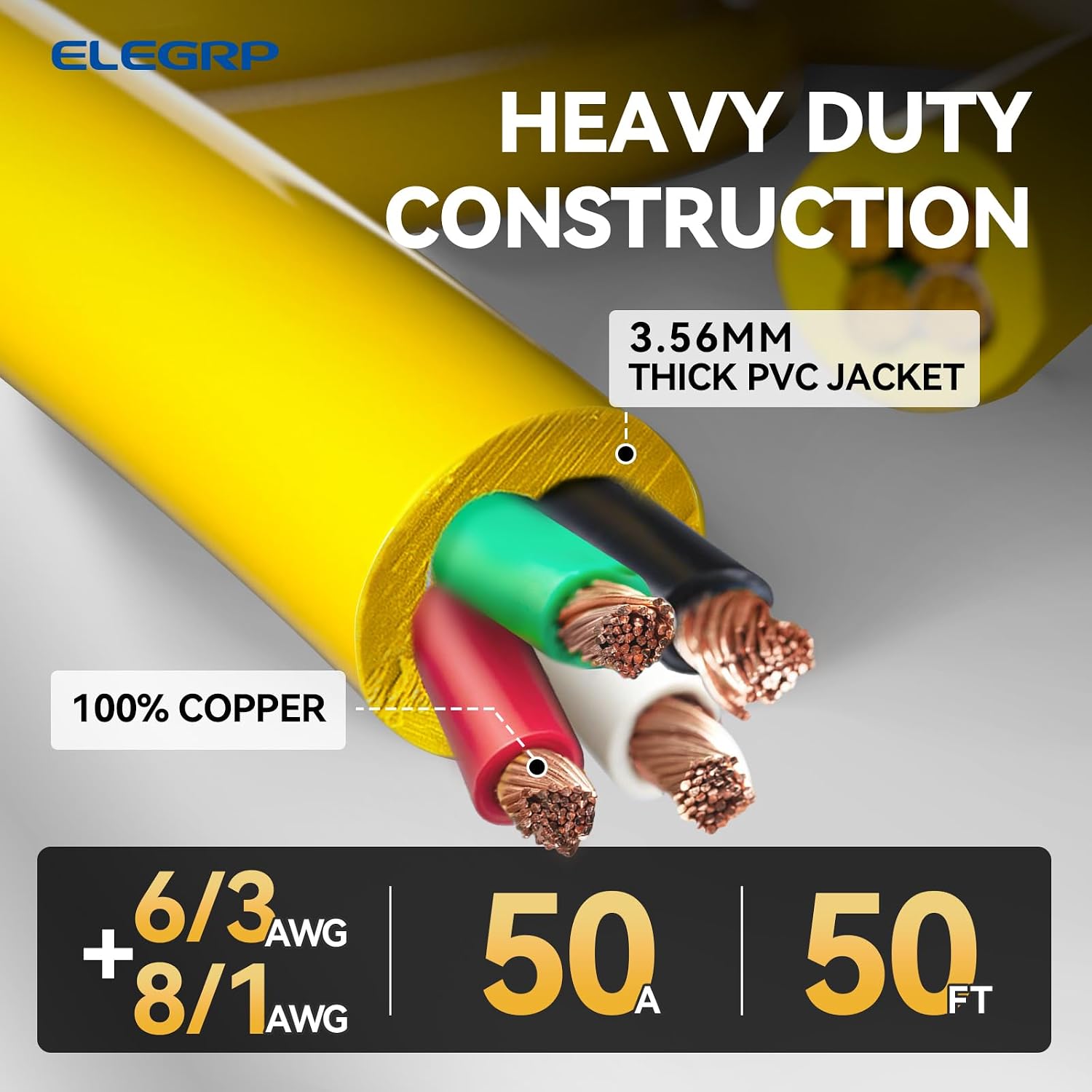 ELEGRP 50 Amp RV/Generator Extension Cord, 50FT NEMA 14-50P to SS2-50R Twist Lock, 6/3+8/1 Gauge STW, Heavy Duty 50A RV Power Cord for Camper/Generator/House, UL Standard Compliant, 3-Year Support