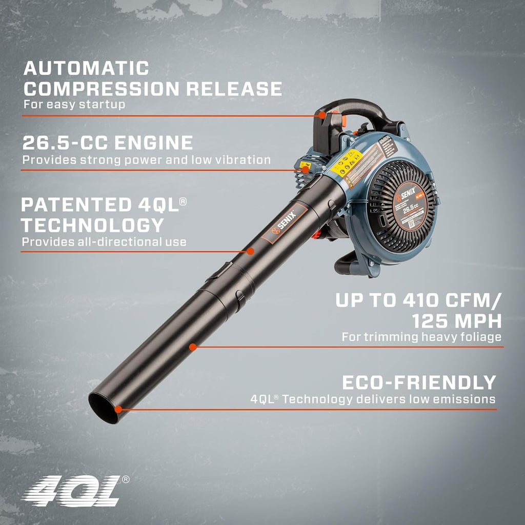 SENIX 17-Inch 26.5 cc Gas Weed Wacker, 20-Inch 144 cc 4-Cycle Gas Lawn Mower, 26.5cc Gas Leaf Blower and 16' Corded Chainsaw Kit