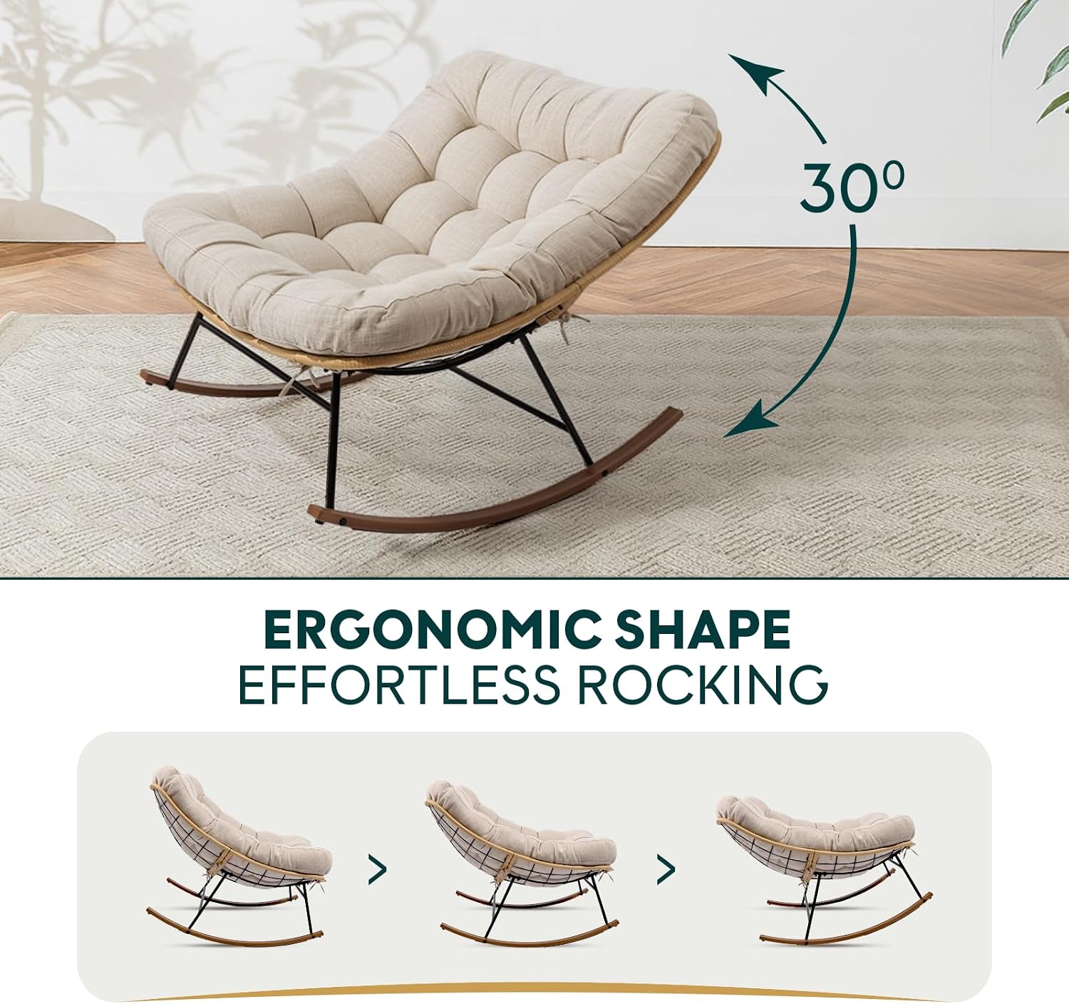 Bme Outdoor and Indoor Patio Rocking Chair with Ottoman, Wood Texture Rocker with Beige Cushion, 7'' Thick, 400lbs Capacity, Sturdy Construction, Ergonomic Design, Quick Assembly, Floor ensureor