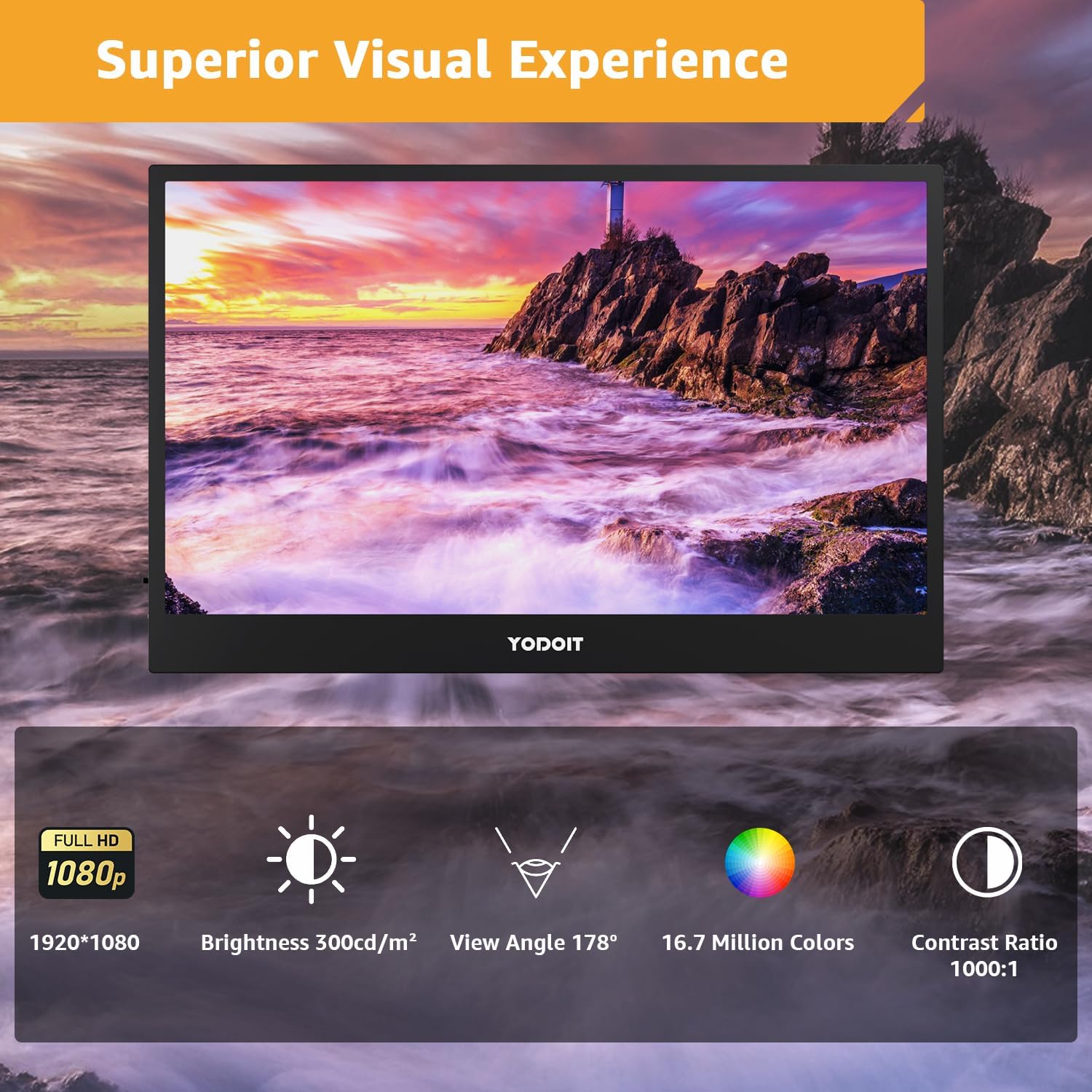 Yodoit Portable Monitor for Laptop 1920×1080 17.3' FHD Screen IPS Display with USB Type C Port, Built-in Speakers and Smart Cover Compatible with PC, MacBook, Xbox (Black)