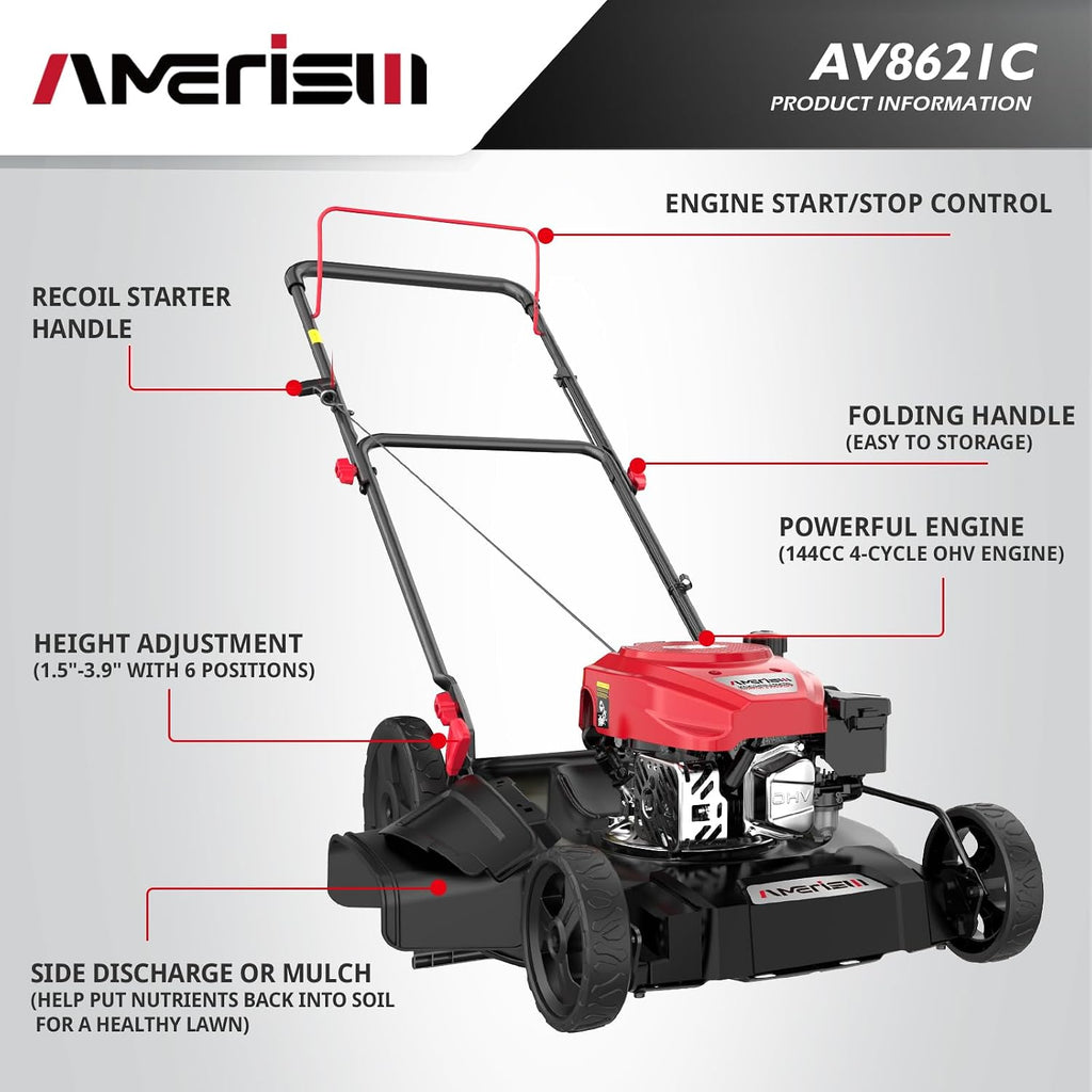 AMERISUN Gas Lawn Mower, 21' with 144cc 4-Cycle OHV Engine 2-in-1 Walk-Behind Gas Push Lawn Mower (AV8621C1)