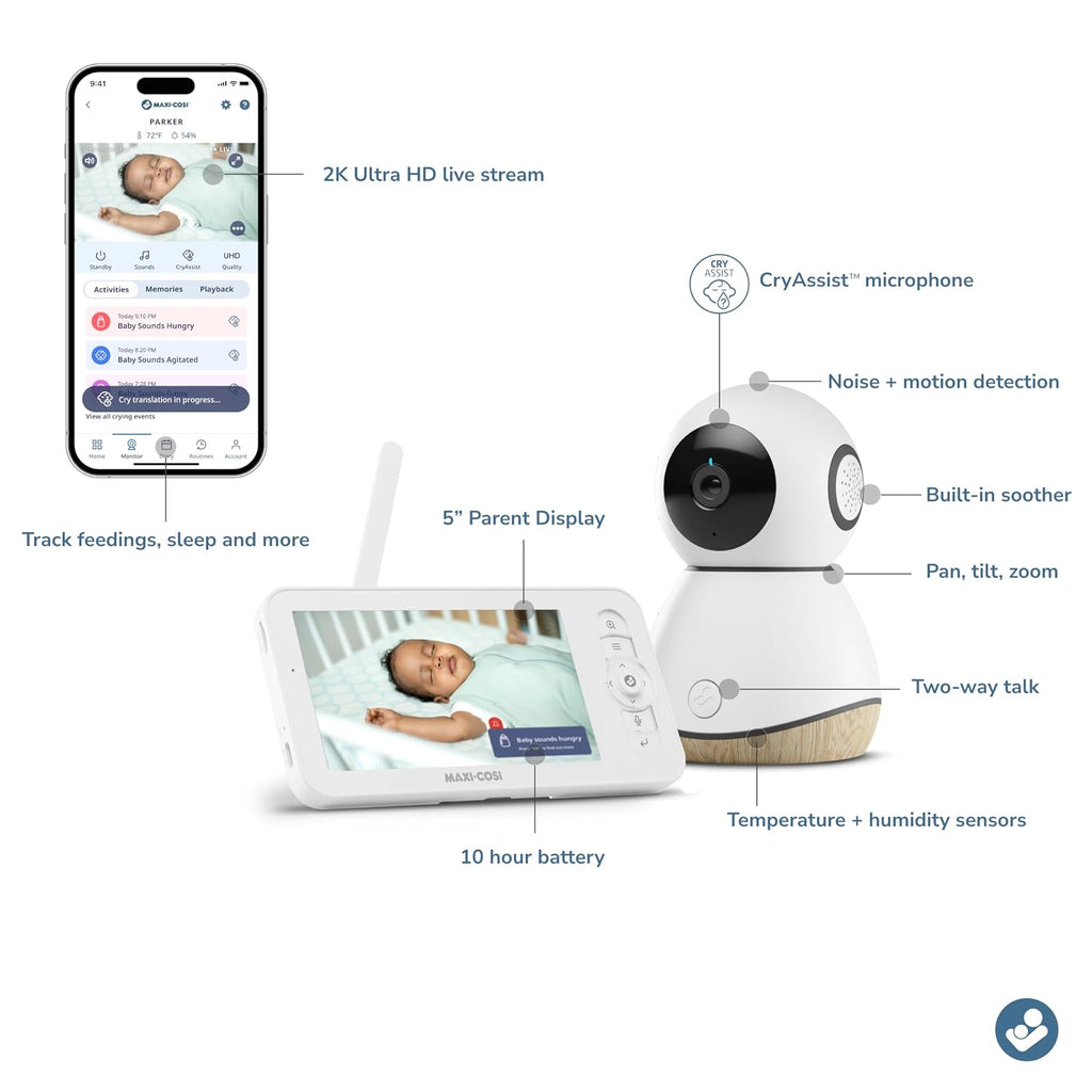 Maxi-Cosi See Pro 360 Baby Monitor with CryAssist™ AI Cry Translation, 2K HD camera with PTZ, Secure Non Wi-Fi 5 inch parent unit, 10 hour battery, Soothing Lullabies, 2-way audio