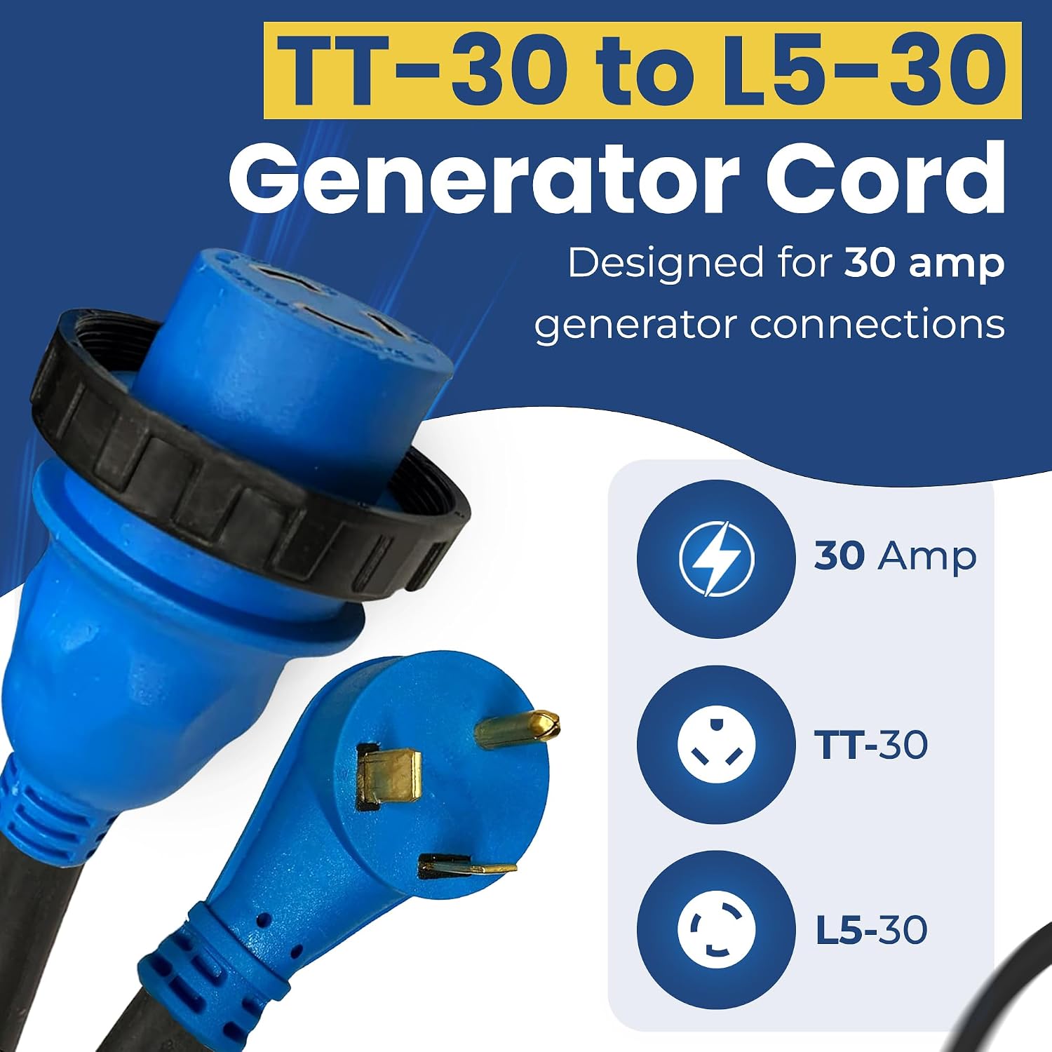 Amp Up 30 Amp Generator Cord, 75ft Heavy Duty NEMA L5-30 30amp Generator Power Cord, 3 Prong Extension Cable w/Twist Lock L5-30 end & Indicator Light, TT-30 Molded Ends, Stow 3C Cable from US Company