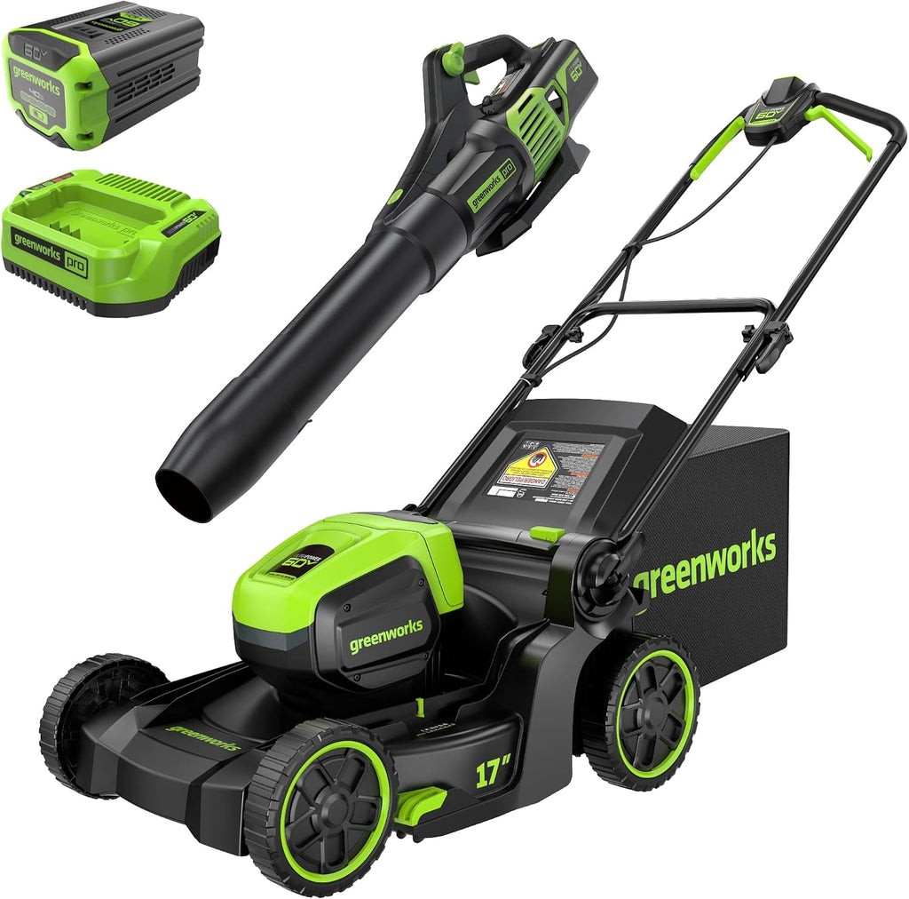 Greenworks 60V 17' Brushless (Push) Mower + 60V (610 CFM) Brushless Blower, 4.0Ah Battery and 3A Charger