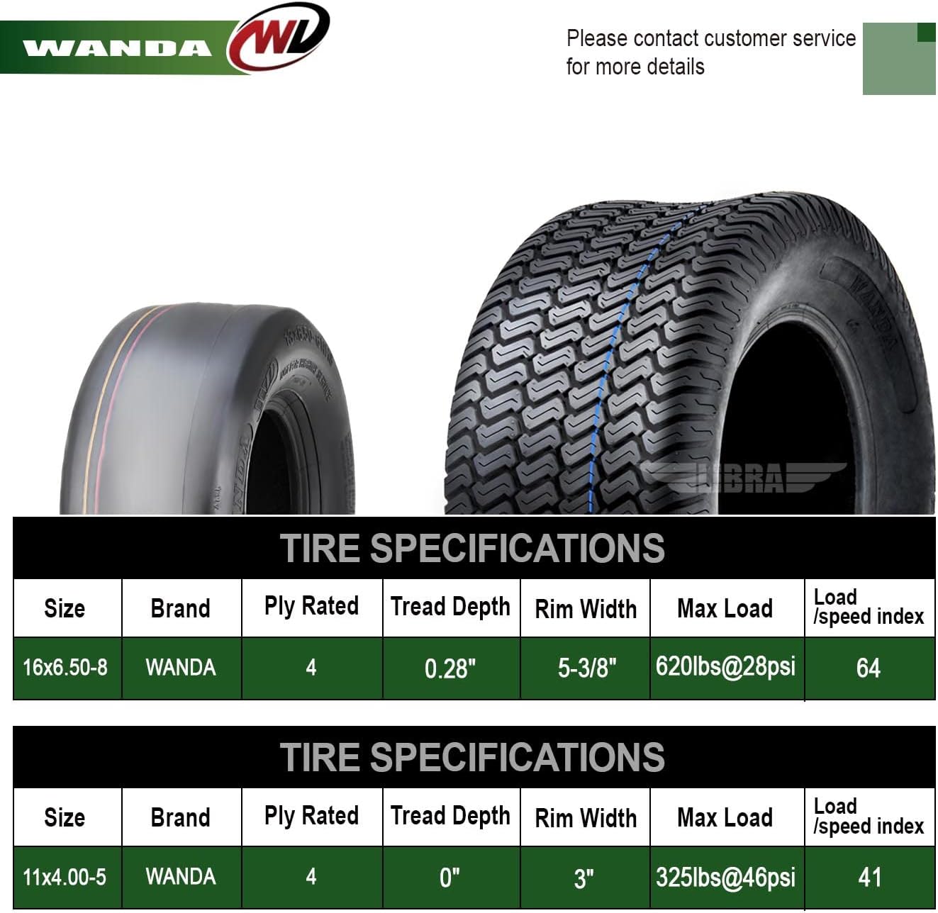 WANDA Set 4 Zero-Turn Lawn Mower Turf Tires 11x4-5 Front & 16x6.5-8 Rear /4PR -13204/13019